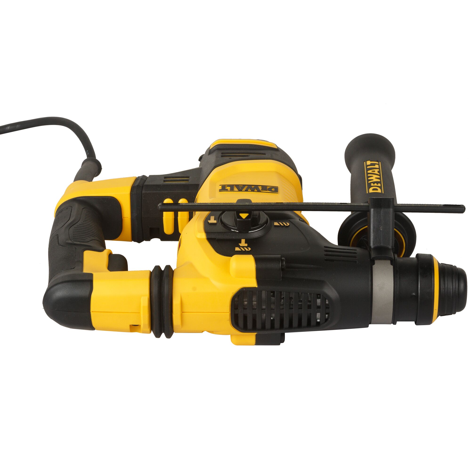 A yellow and black DEWALT rotary hammer drill with a side handle and depth rod, designed for construction and heavy-duty drilling tasks.