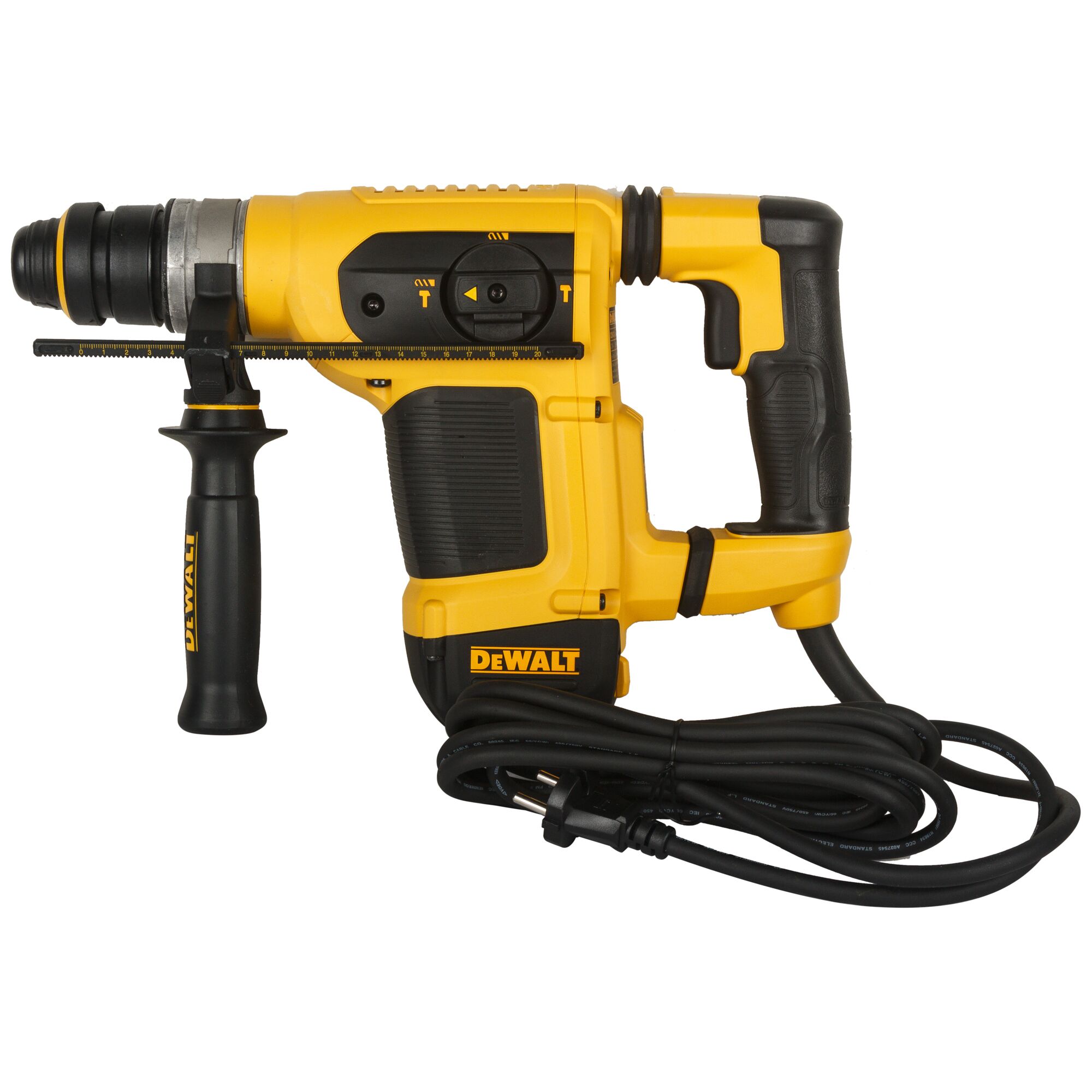 A yellow and black DEWALT corded rotary hammer drill, featuring a side handle and an adjustable depth rod, with the power cord coiled in front.