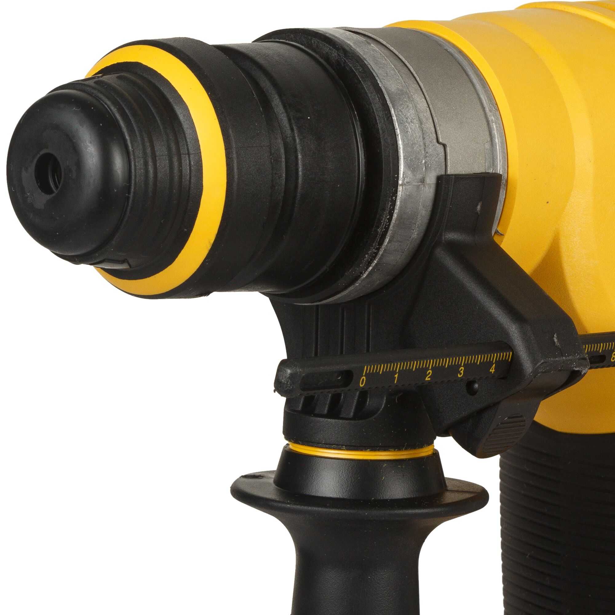 Close-up image of a DEWALT rotary hammer drill, showing the front section with a black and yellow design, depth gauge, and side handle.