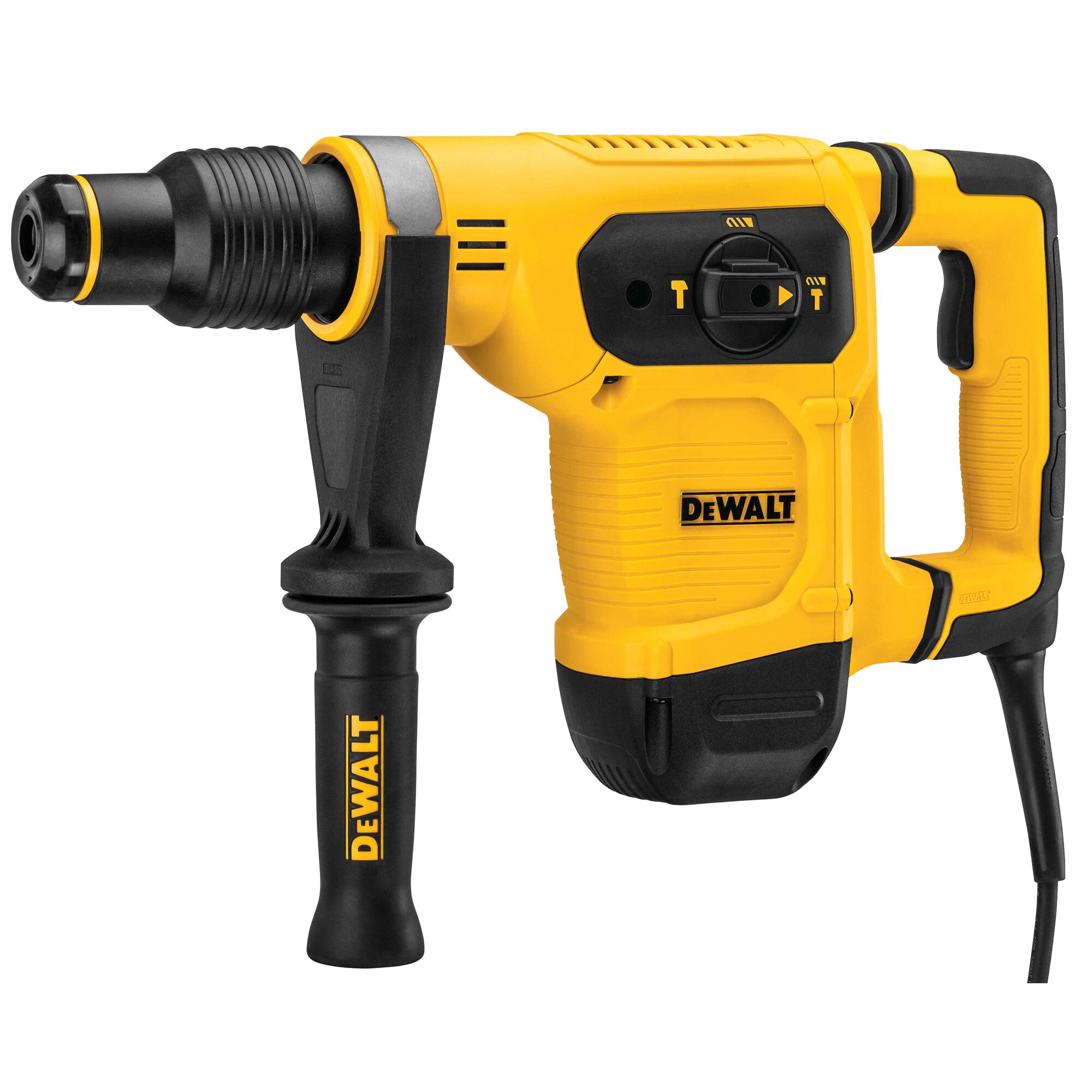 A DEWALT rotary hammer drill with a side handle, yellow and black in color, designed for heavy-duty construction and drilling tasks.