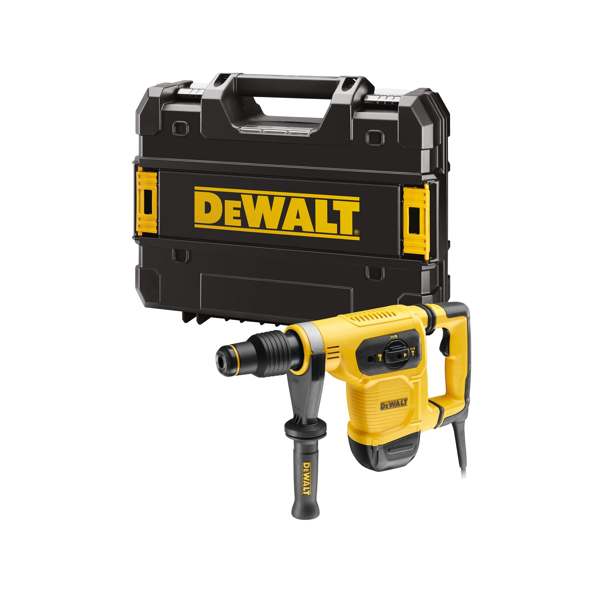 A yellow and black DEWALT rotary hammer drill with an auxiliary handle, shown in front of a black DEWALT-branded carrying case.
