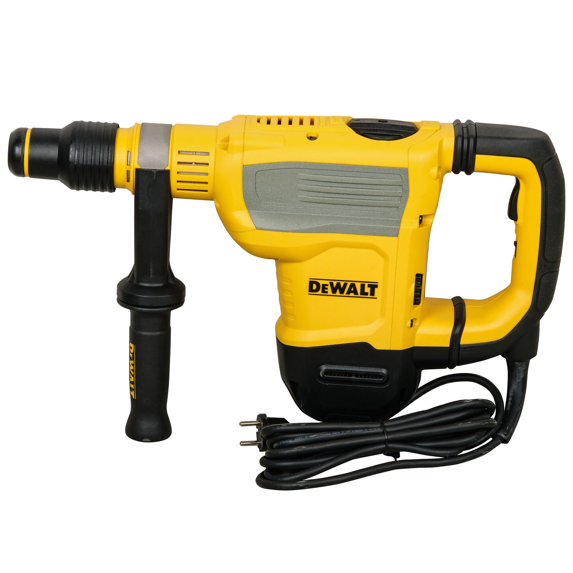 A yellow and black DEWALT electric rotary hammer drill with a side handle and a power cord, model D25614K, viewed from the side.