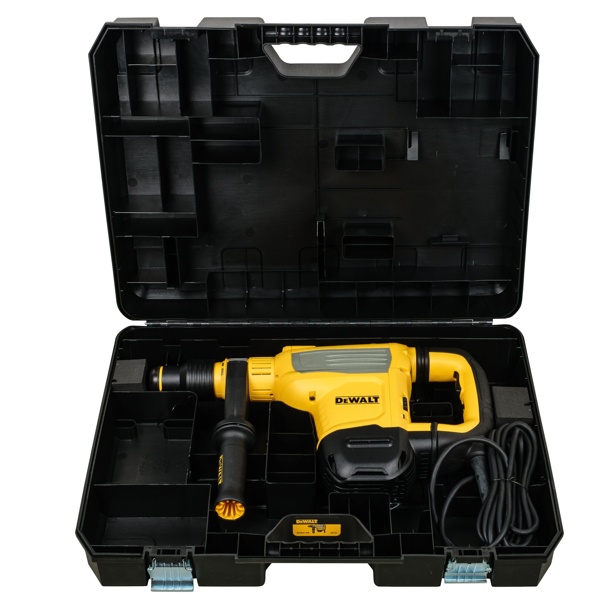 A yellow and black DEWALT rotary hammer drill placed inside a black carrying case. The case has custom compartments for the tool and accessories, and the drill features a side handle and a power cord.