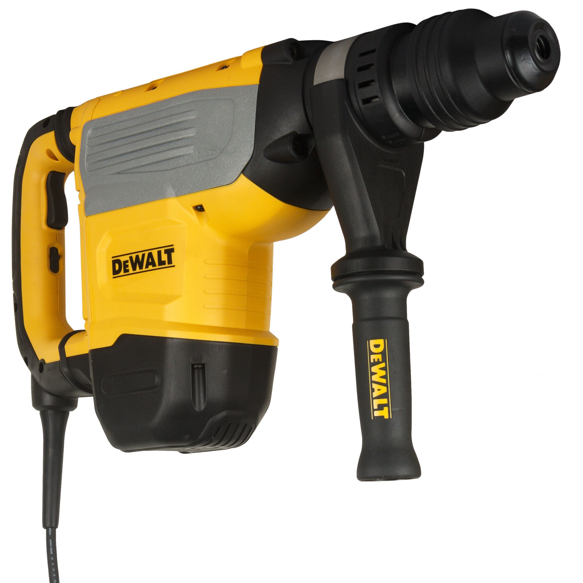 A close-up view of a DEWALT electric rotary hammer drill, featuring a yellow and black handle and body with a side auxiliary handle.