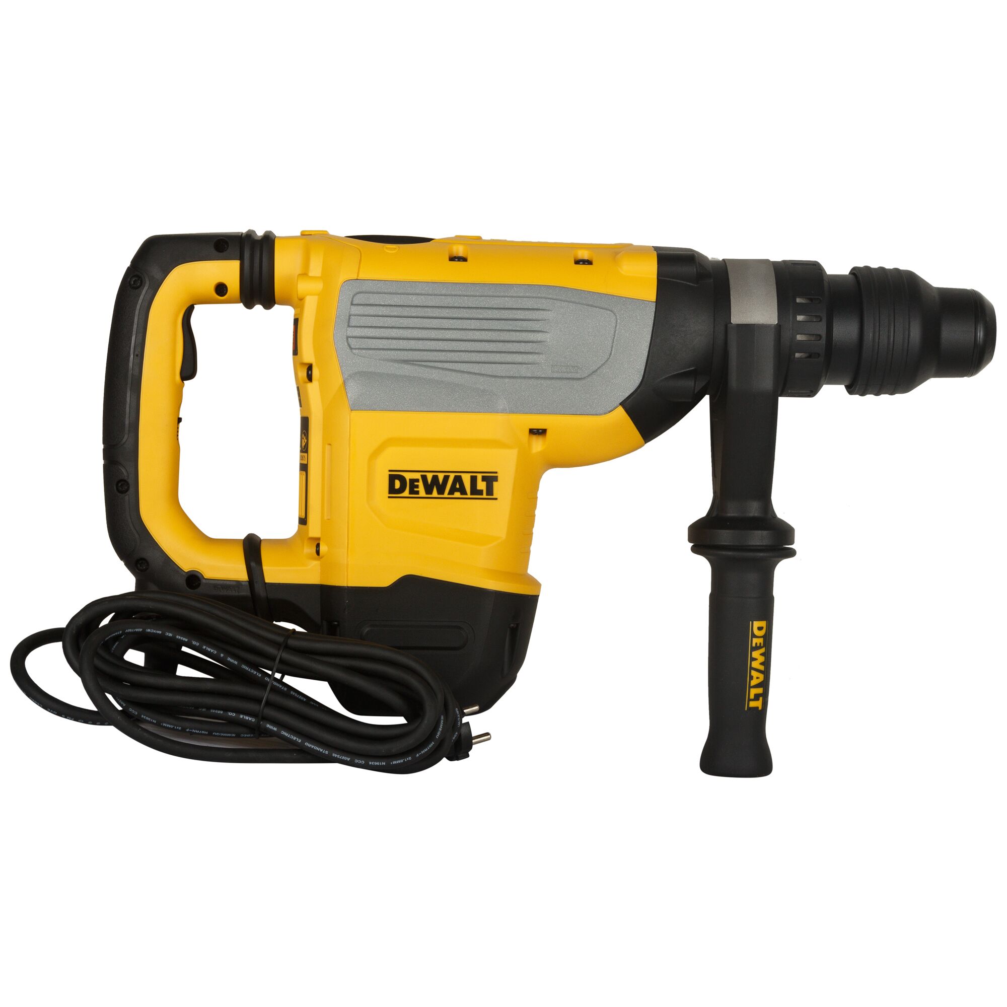 A DEWALT-branded electric rotary hammer drill, yellow and black in color, shown with a side handle and a cord attached.