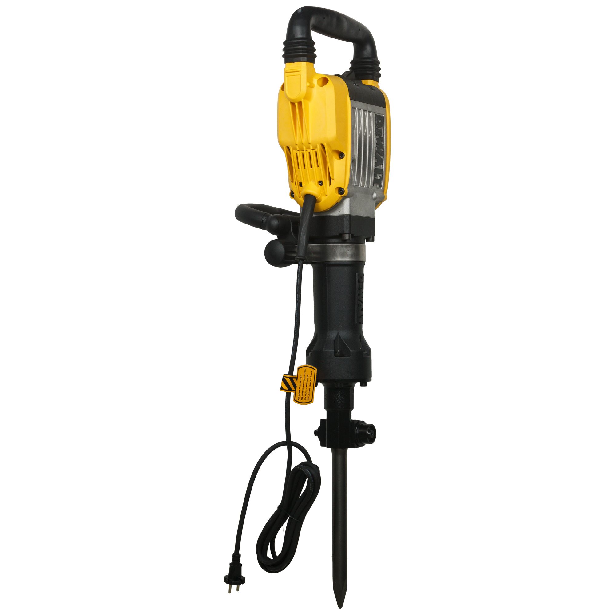 A DEWALT electric jackhammer, model D25961K, featuring a yellow and black body, a handle on top, a side grip, and a pointed chisel bit attached. The power cord is visible, with the jackhammer standing upright against a white background.