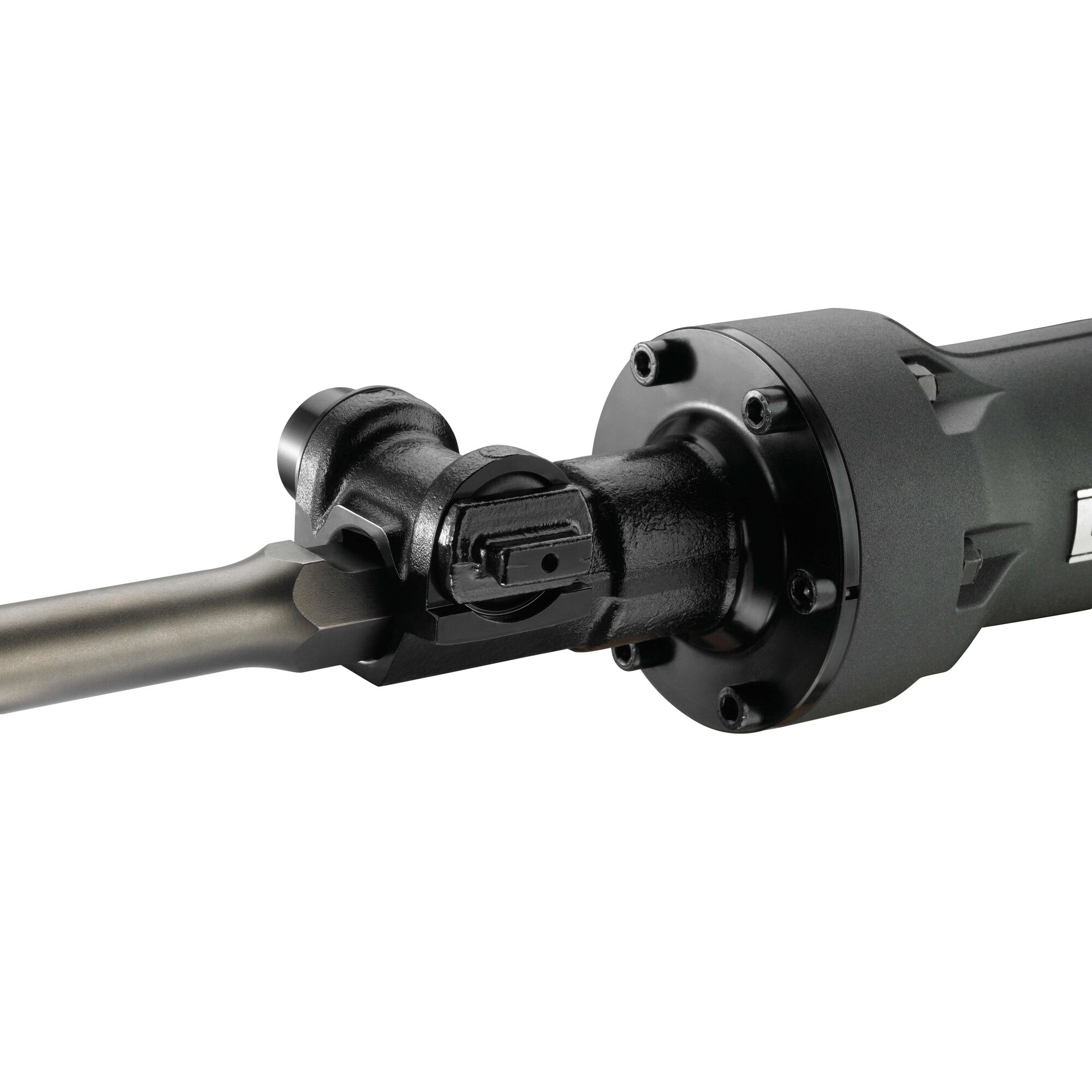 Close-up view of the attachment mechanism and metal shaft of a DEWALT demolition hammer against a white background.