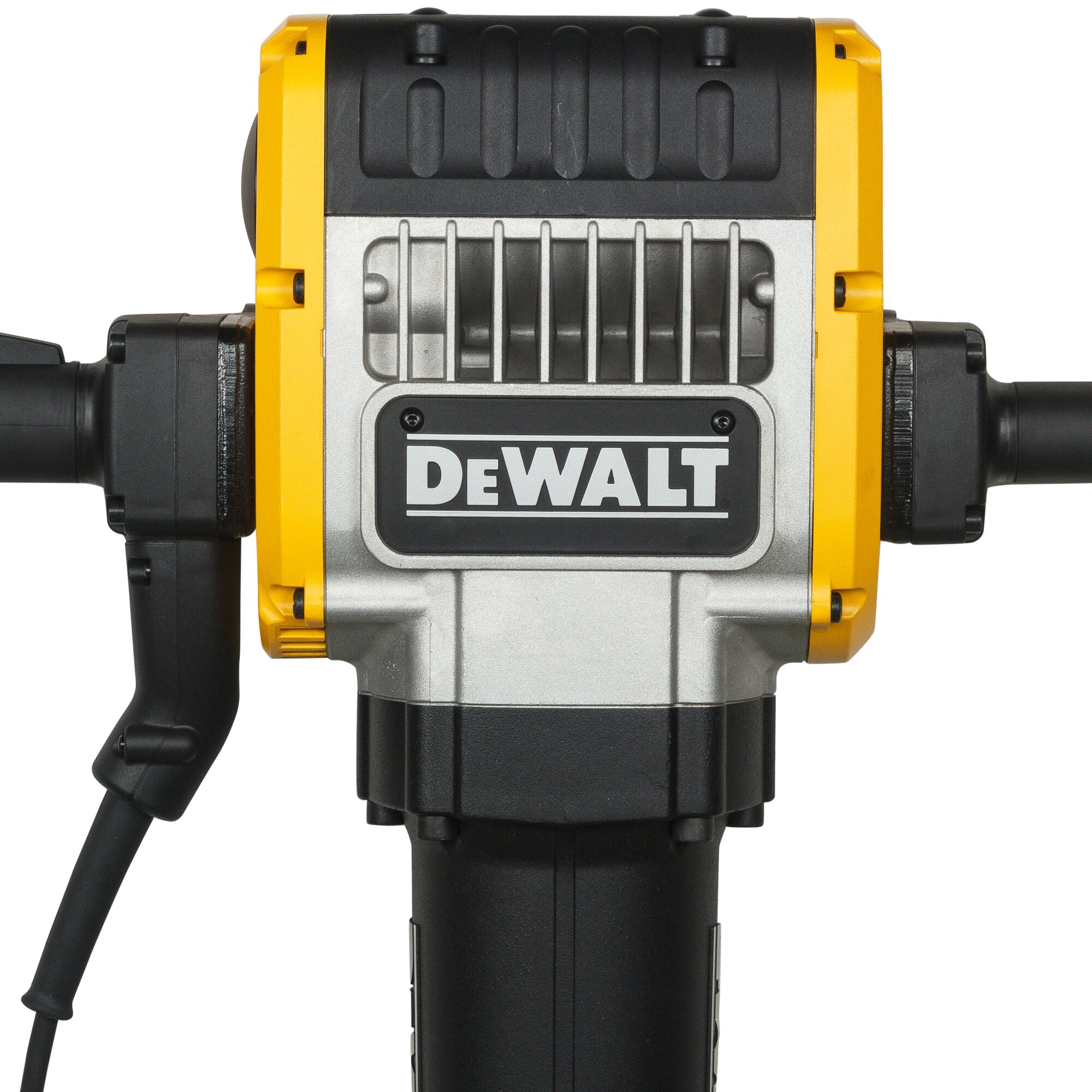 Close-up of a DEWALT electric demolition hammer, showing the front of the tool with the DEWALT logo, handles, and power cord.
