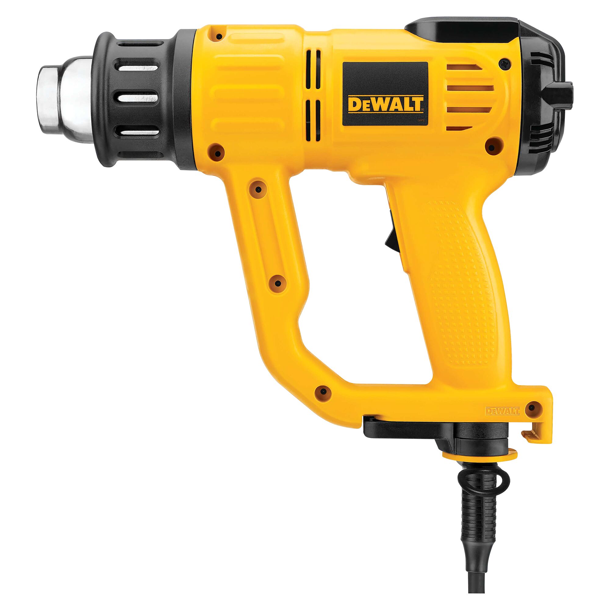 A yellow and black DEWALT heat gun with a cord, featuring a robust handle and a metal nozzle.