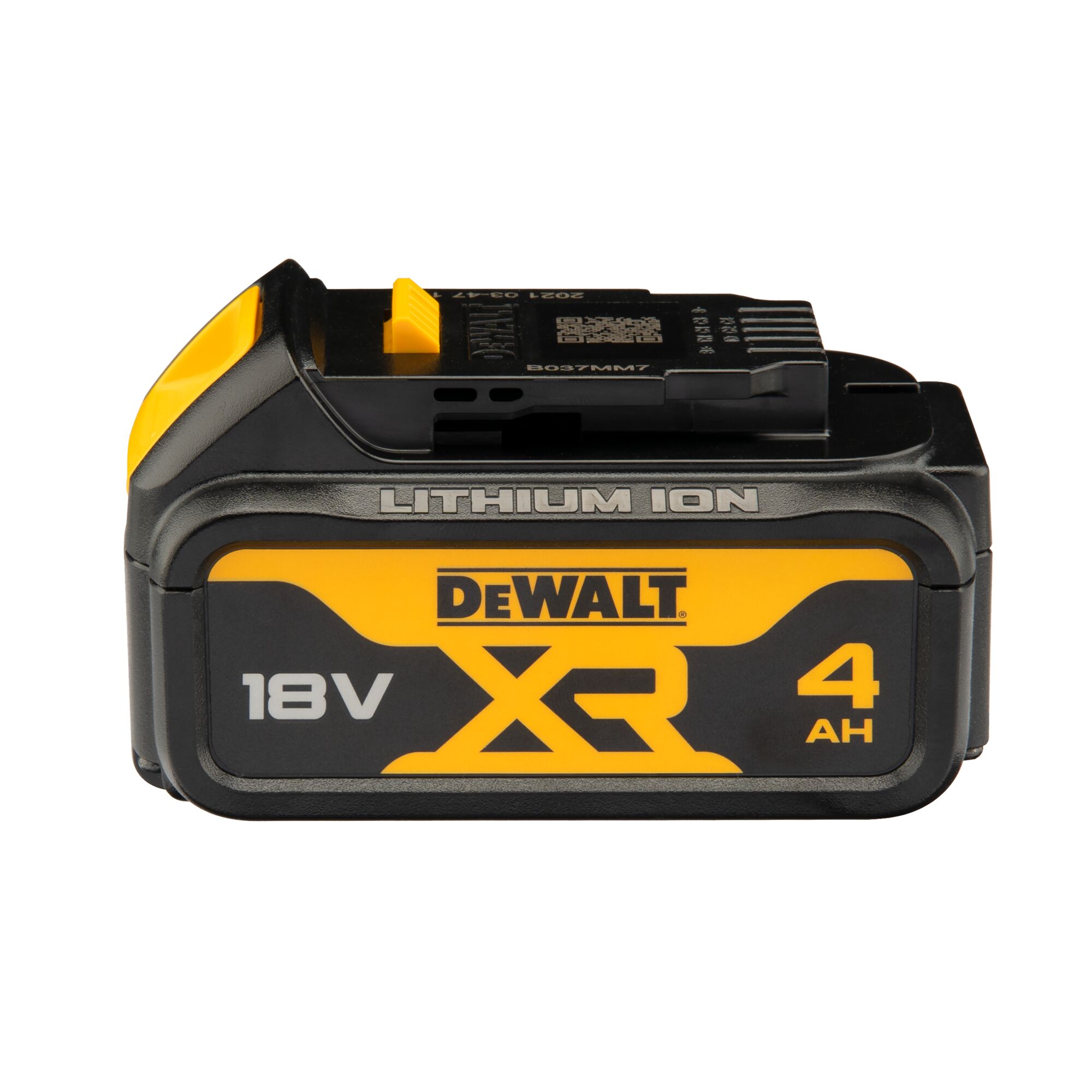 A DEWALT 18V XR lithium-ion battery pack with 4 Ah capacity, featuring yellow and black design.