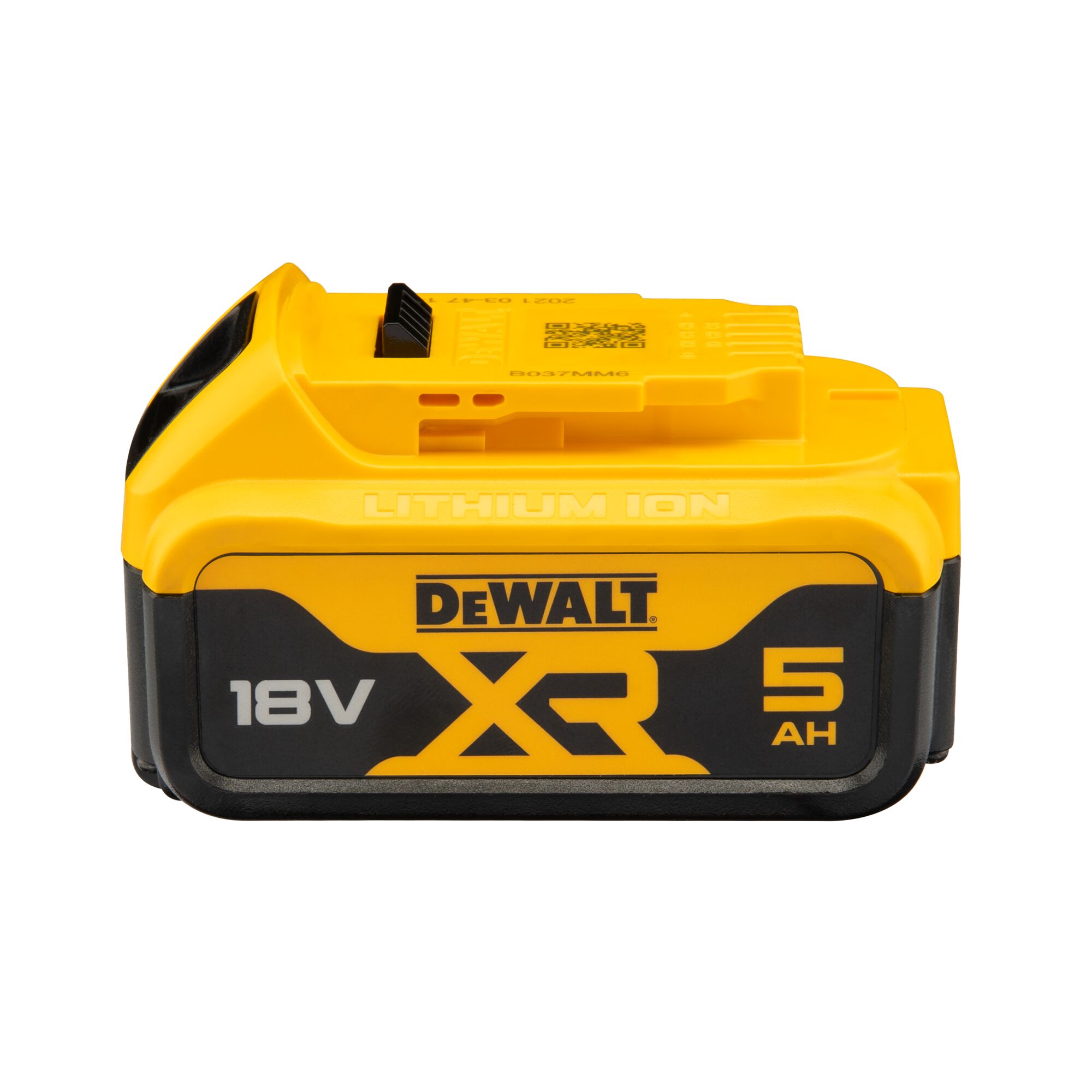 A close-up image of a DEWALT XR lithium-ion battery pack with an 18V voltage and 5Ah capacity. The battery is yellow and black in color and displays branding and specifications on its side.