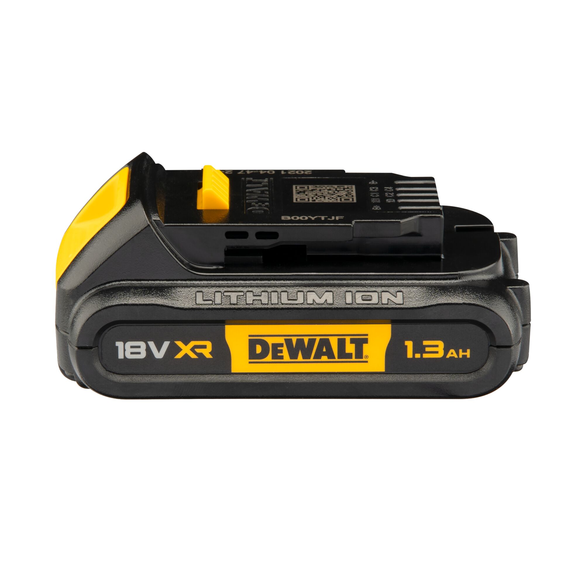 DEWALT 18V XR 1.3Ah lithium-ion battery, black and yellow, shown from the side with branding and technical specifications visible.