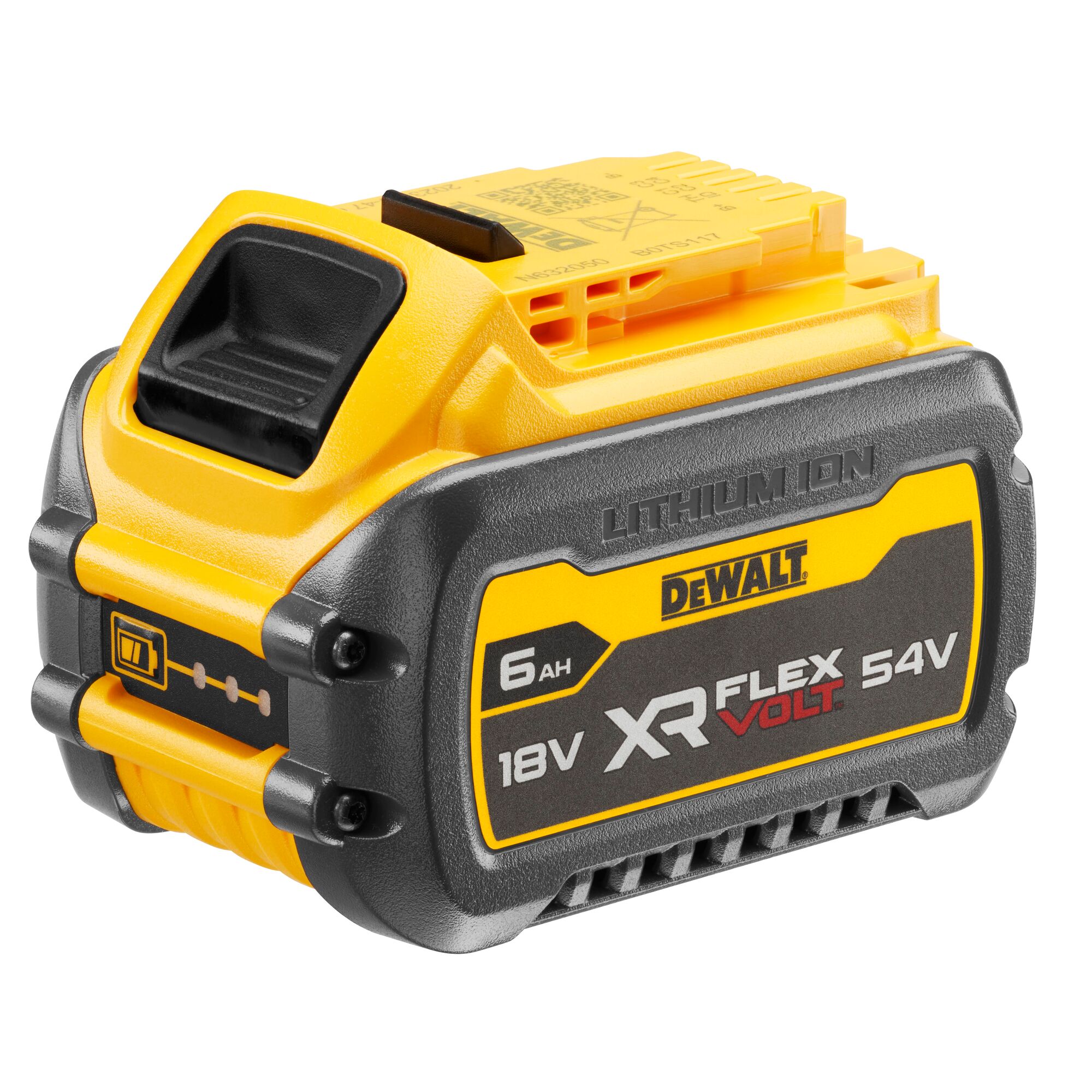 A DEWALT XR FlexVolt lithium-ion battery pack with 6Ah capacity. The battery displays 18V and 54V markings, has a rugged yellow and black exterior, and features a charge indicator on the side.