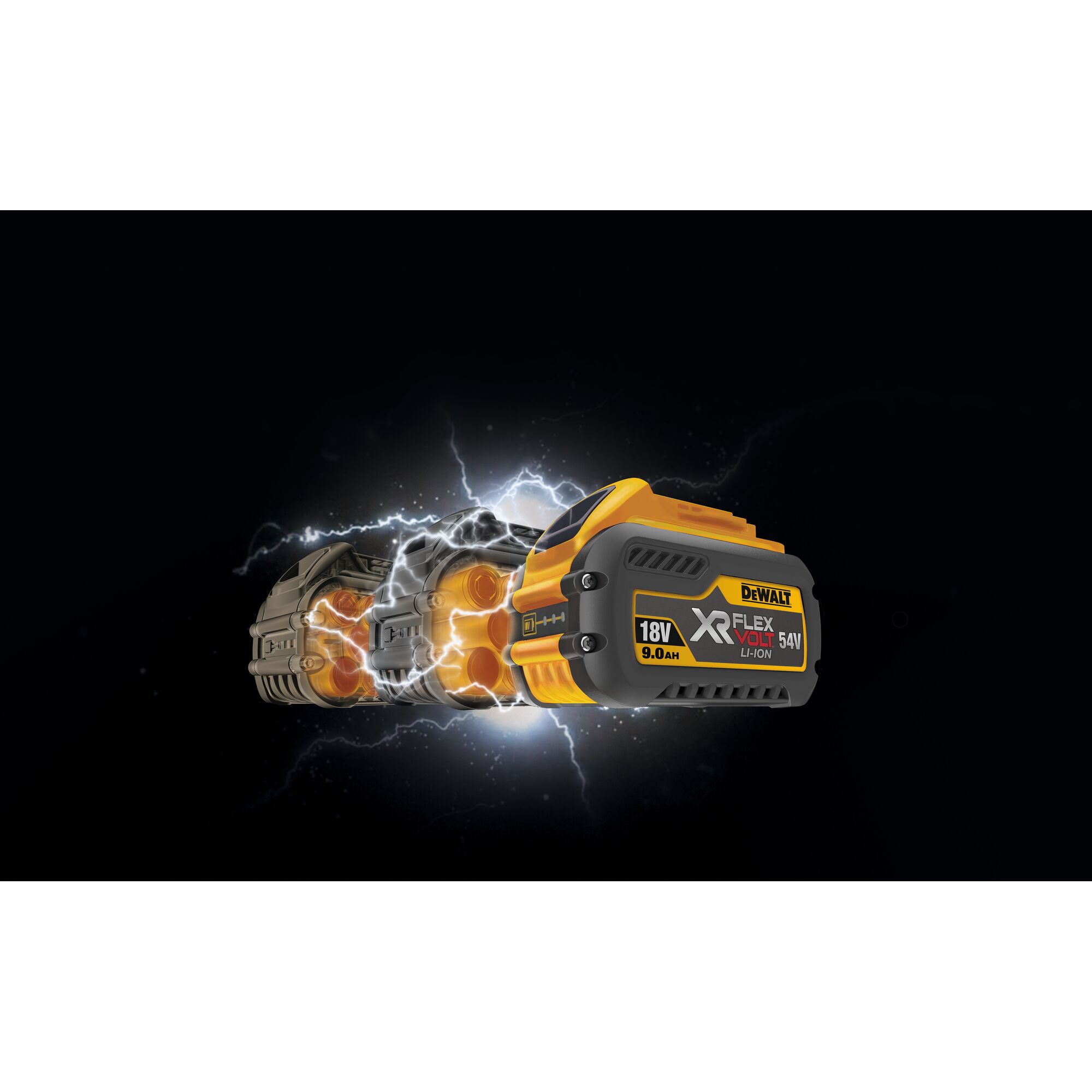 DEWALT XR FLEXVOLT 18V/54V Li-Ion battery with 9.0Ah capacity shown with a dynamic, electrifying effect against a black background, highlighting its power and performance.
