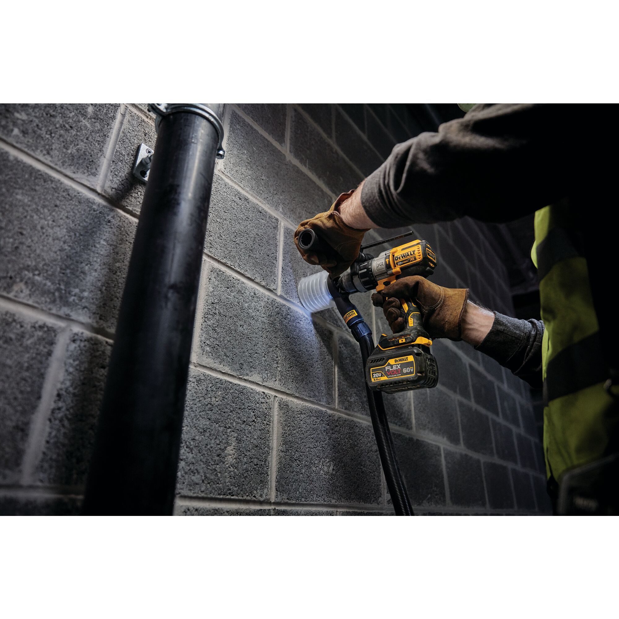 20 Volt to 60 Volt 6 AMP hours Battery powered drill being used to drill a hole
