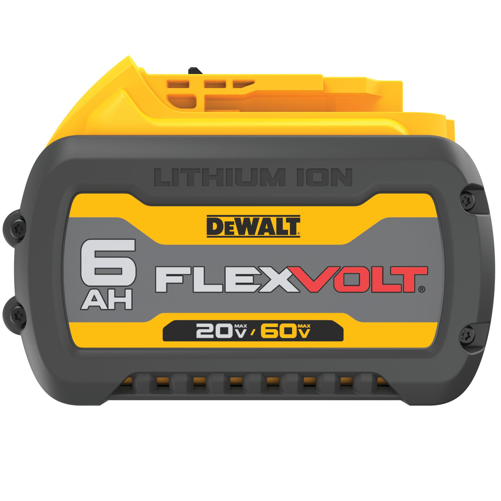 DEWALT FLEXVOLT 6AH lithium ion battery, black and yellow casing, showing voltage ratings of 20V max and 60V max.
