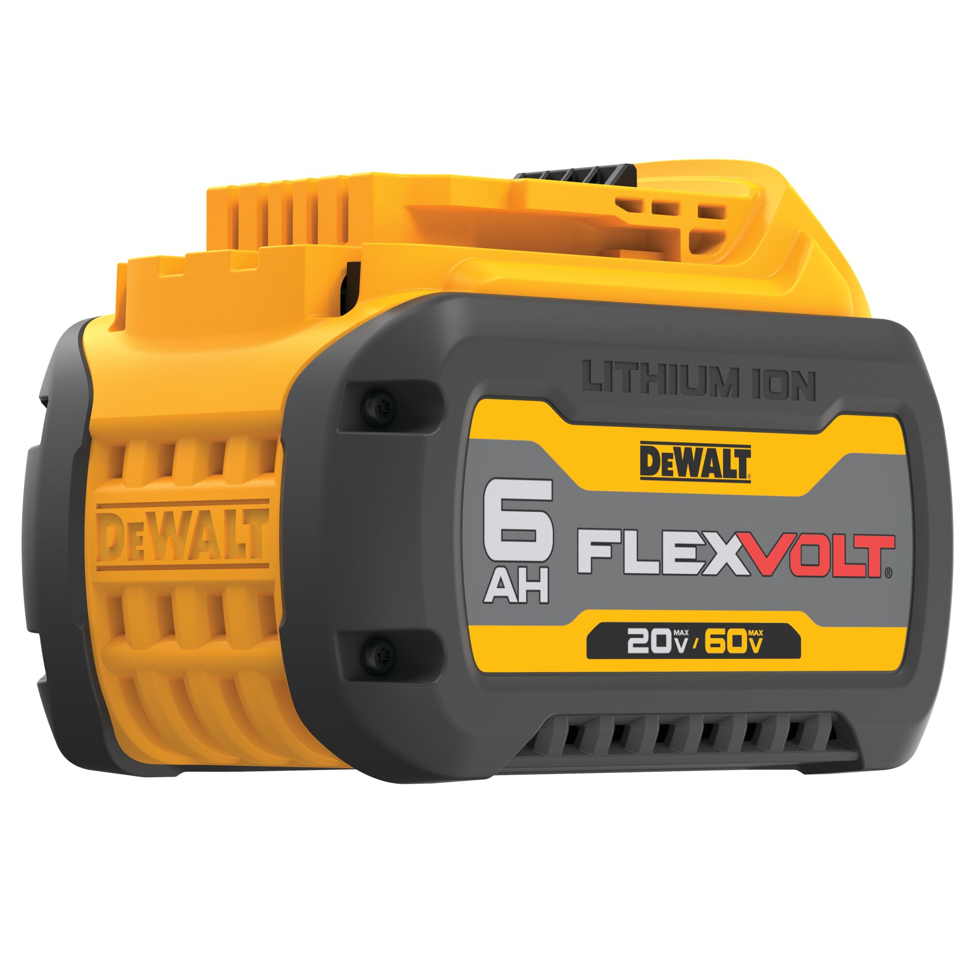 A DEWALT DCB606 FlexVolt 20V/60V 6Ah lithium-ion battery, shown in yellow and black with model information prominently displayed on the casing.