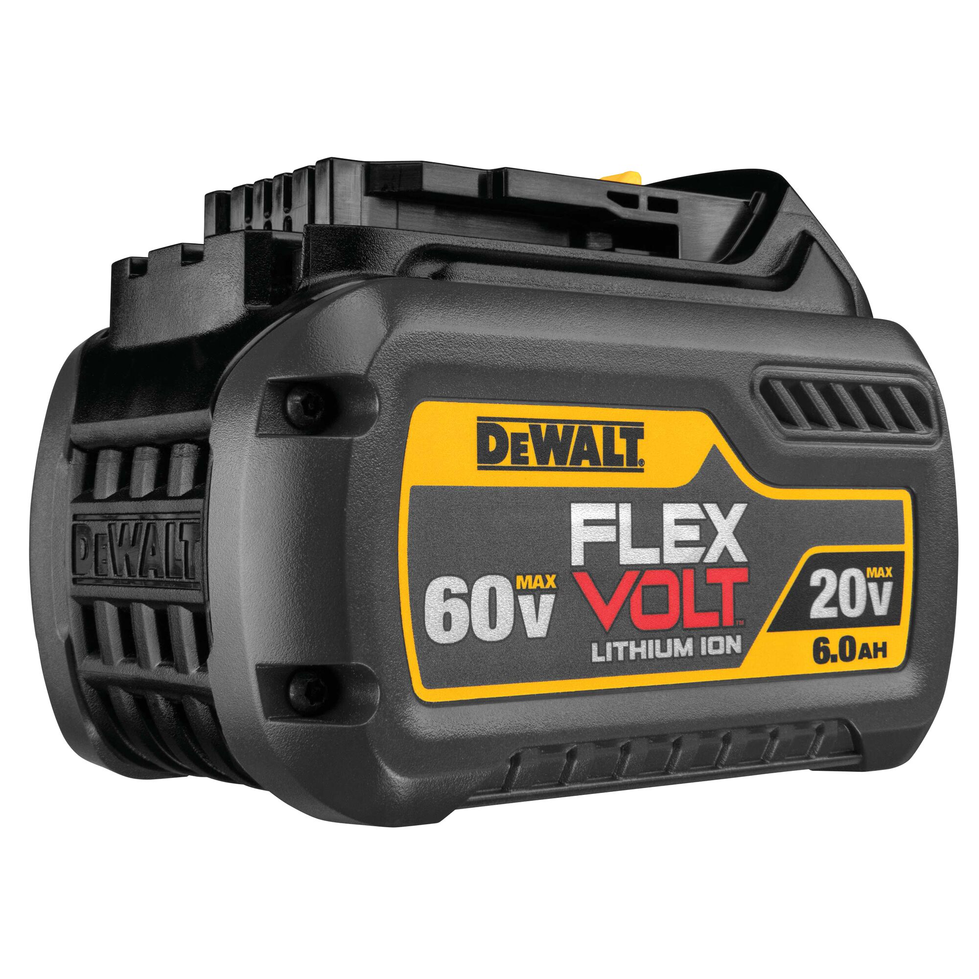 A DEWALT FLEXVOLT lithium-ion battery with yellow and black design. The label indicates 60V max and 20V max, and the capacity is 6.0 Ah.