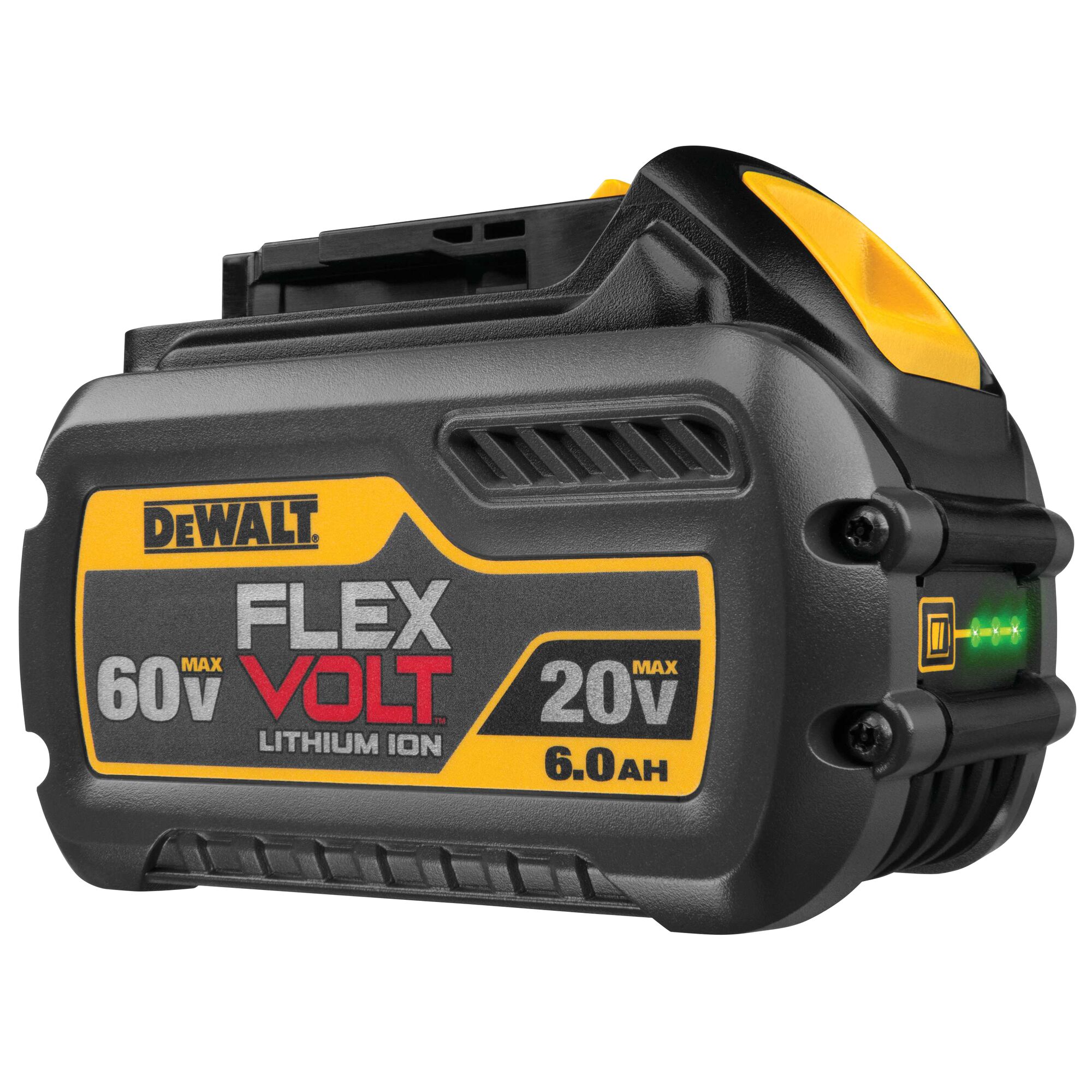 DEWALT FLEXVOLT lithium-ion battery, model DCB606, with dual voltage options of 60V and 20V, and a capacity of 6.0 Ah. The battery is black and yellow, with an indicator light showing charge level.