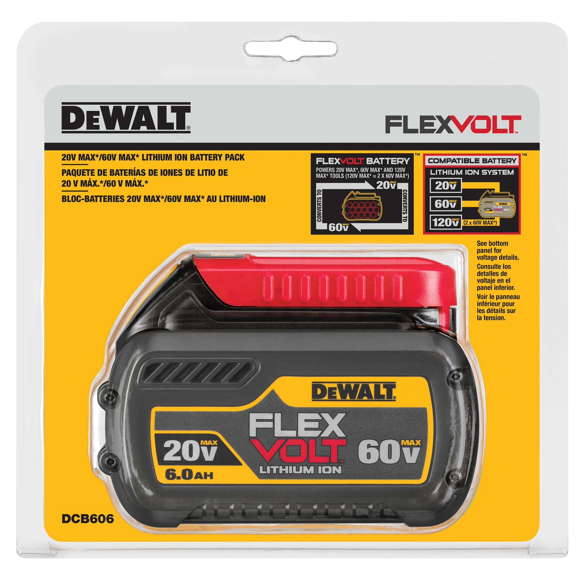 DEWALT FLEXVOLT lithium ion battery pack DCB606, showing packaging with branding and specifications. The battery is designed for 20V and 60V MAX systems and has a 6.0 Ah capacity.