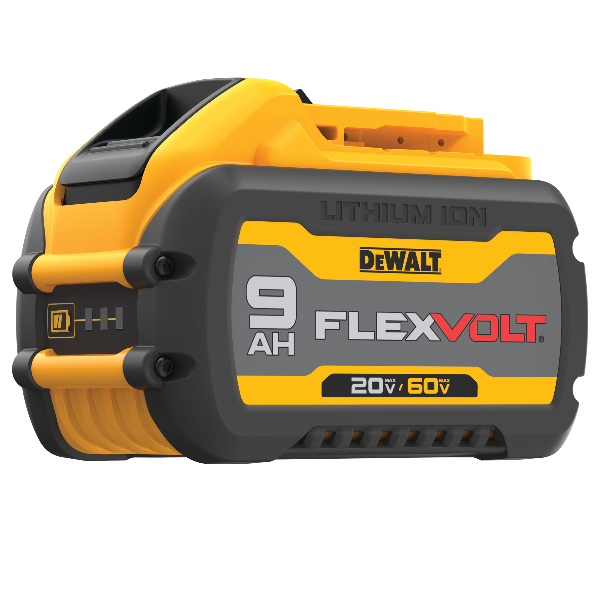 A DEWALT FLEXVOLT lithium ion battery with 9 amp hours capacity, 20V/60V maximum voltage, shown in yellow and black casing.