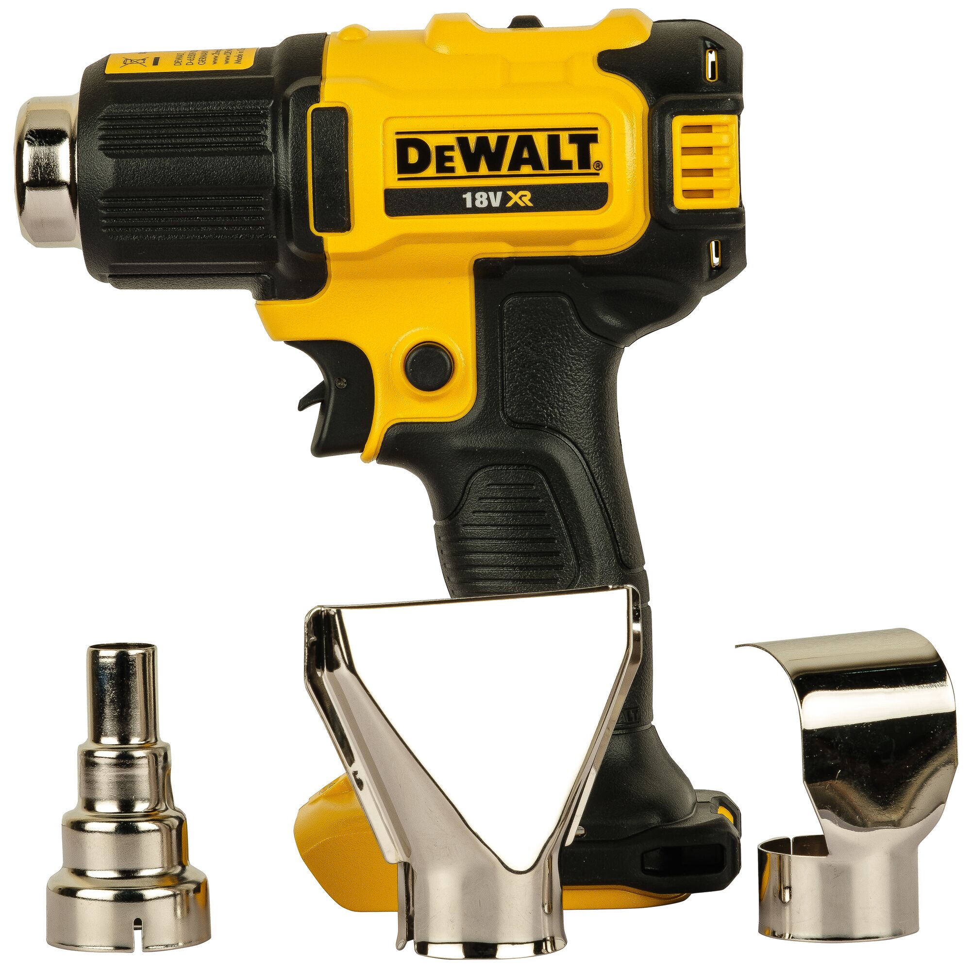 A DEWALT 18V XR cordless heat gun with three different metal nozzle attachments shown in front. The heat gun is yellow and black with the brand name on the side. The nozzles are intended for various heating applications.