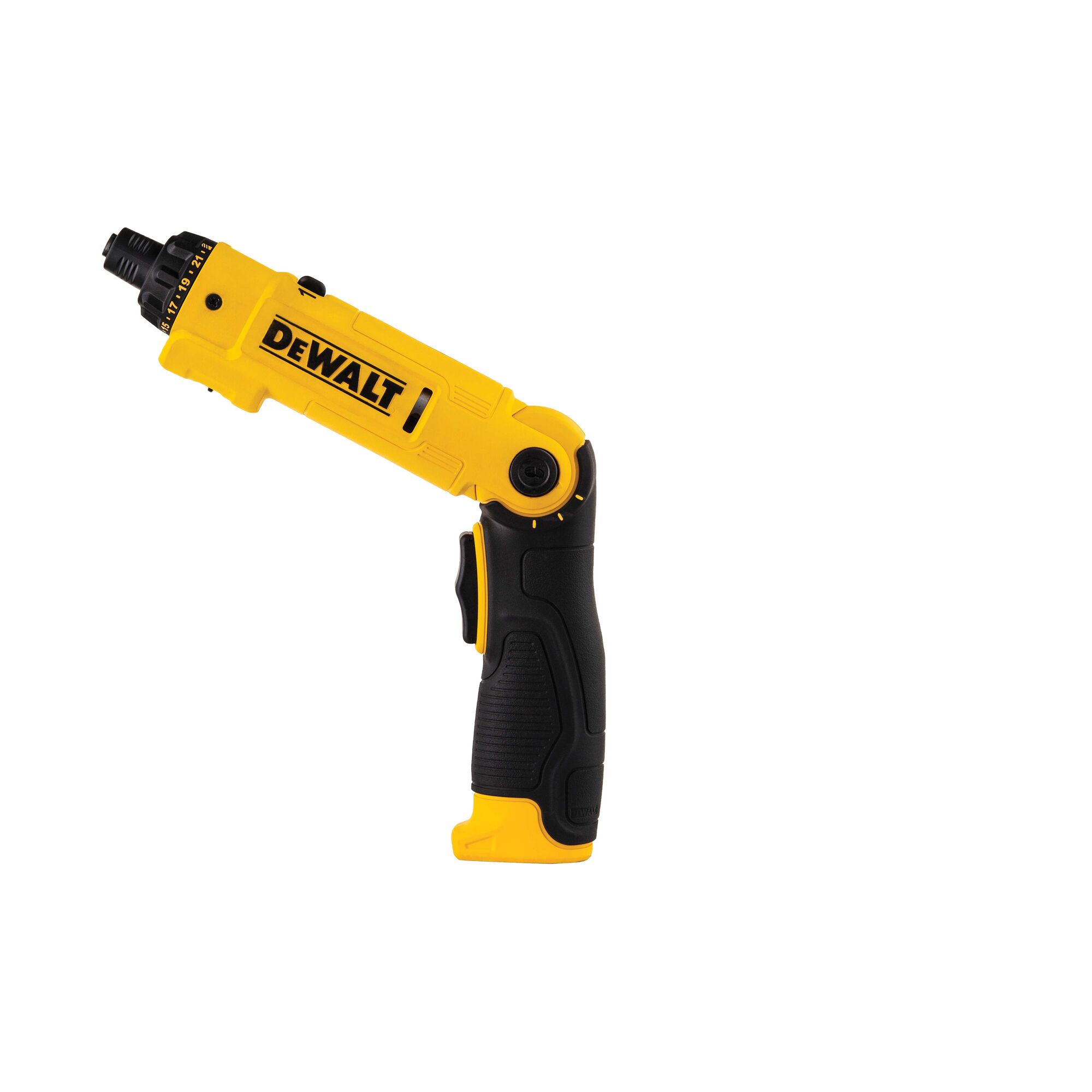 A DEWALT yellow and black cordless screwdriver with an adjustable angled head, shown against a white background.