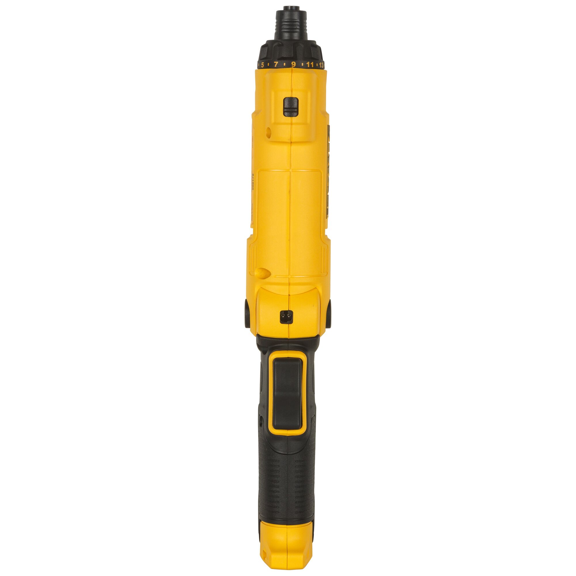A yellow and black DEWALT cordless electric screwdriver with an ergonomic handle, photographed from the front against a white background.