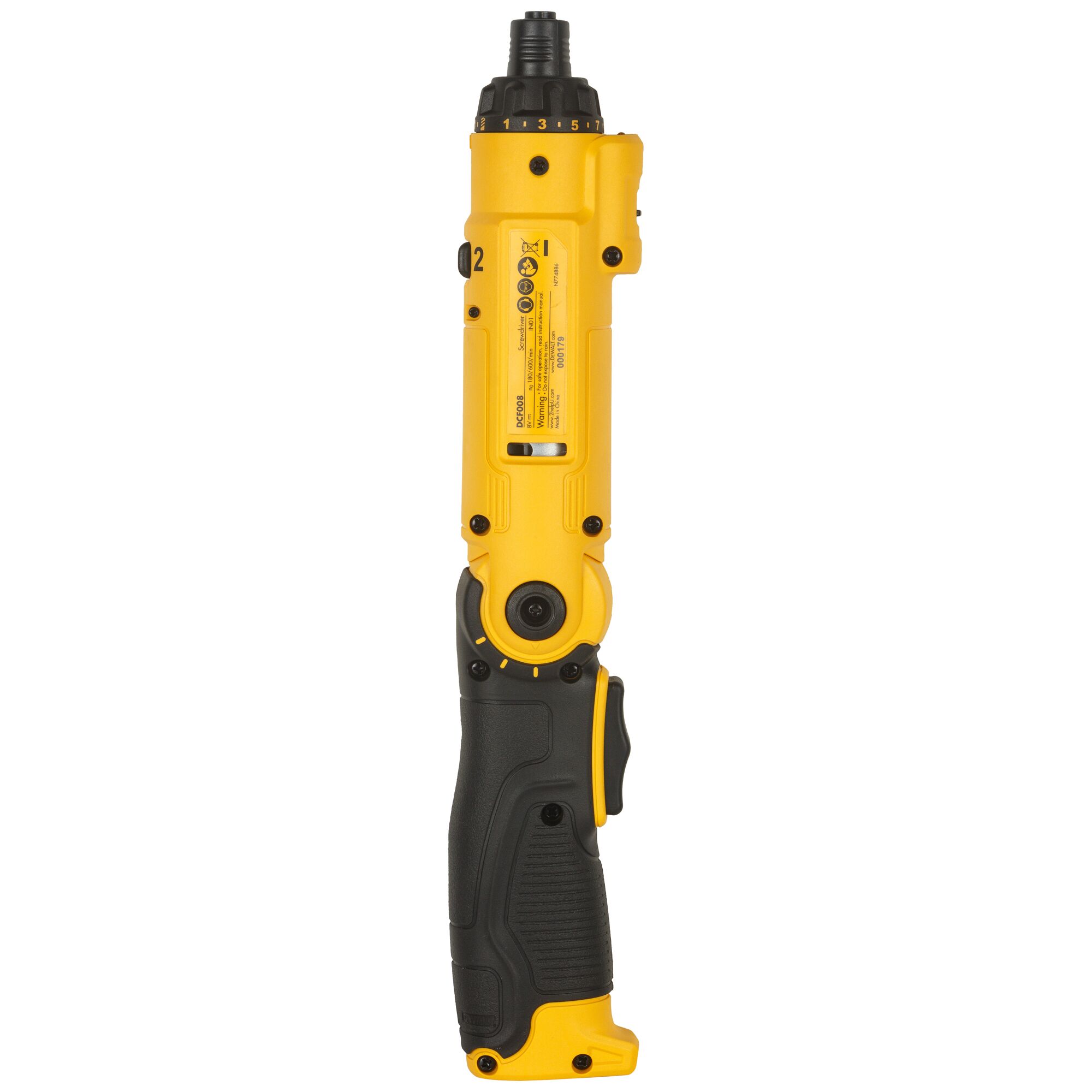 Side view of a yellow and black DEWALT DCF008 cordless screwdriver with ergonomic handle and adjustable torque settings.