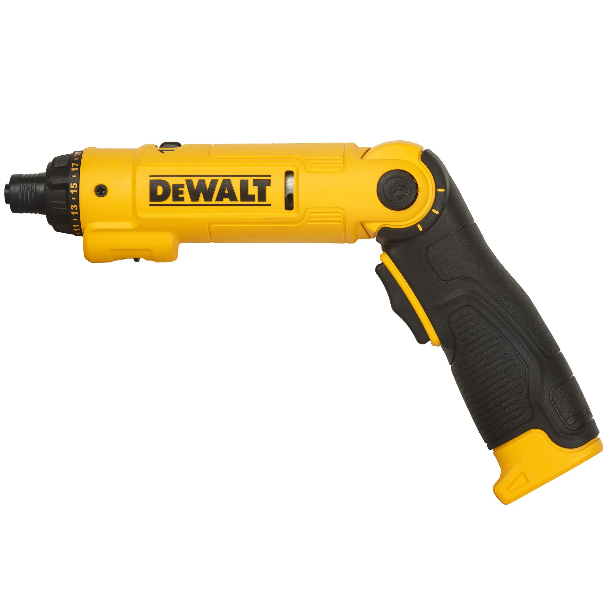 A DEWALT DCF008 cordless electric screwdriver with a yellow and black ergonomic handle, shown in a side profile against a white background.