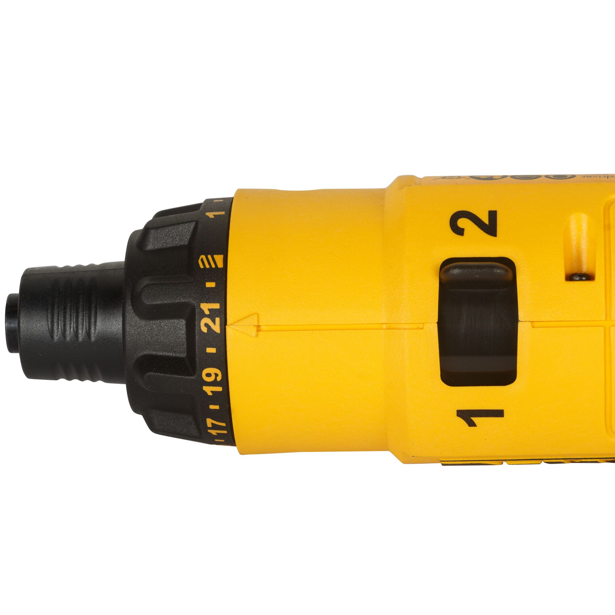 Close-up of the front section of a yellow DEWALT power tool, showing the adjustable torque settings ring and gear selector switch.