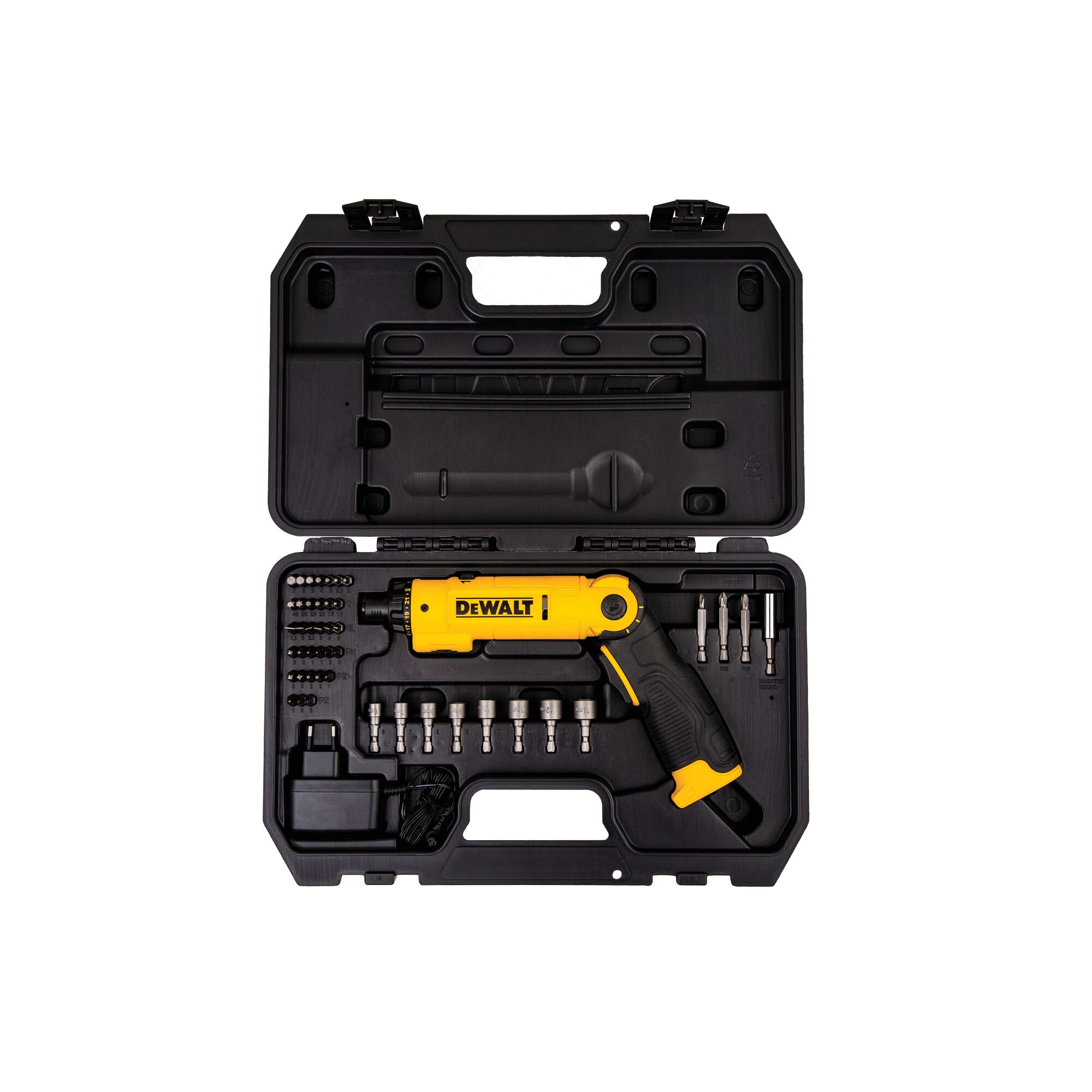 A DEWALT DCF008 electric screwdriver set in a black carrying case, featuring a yellow and black screwdriver, various bits, and accessories organized neatly inside.