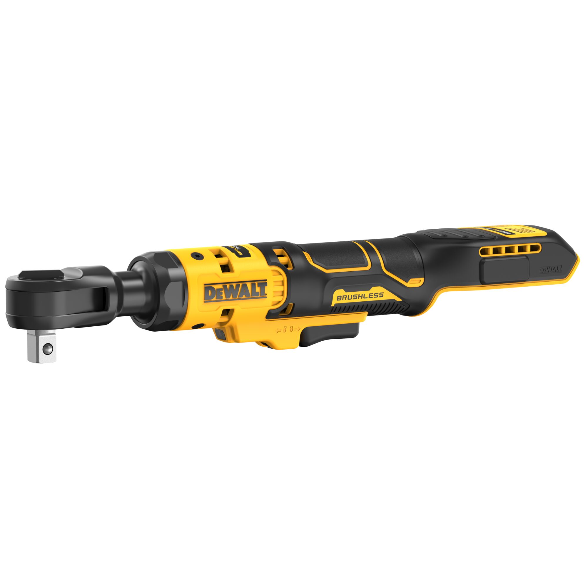 DEWALT cordless brushless ratchet tool with a black and yellow design, showing a side profile view.