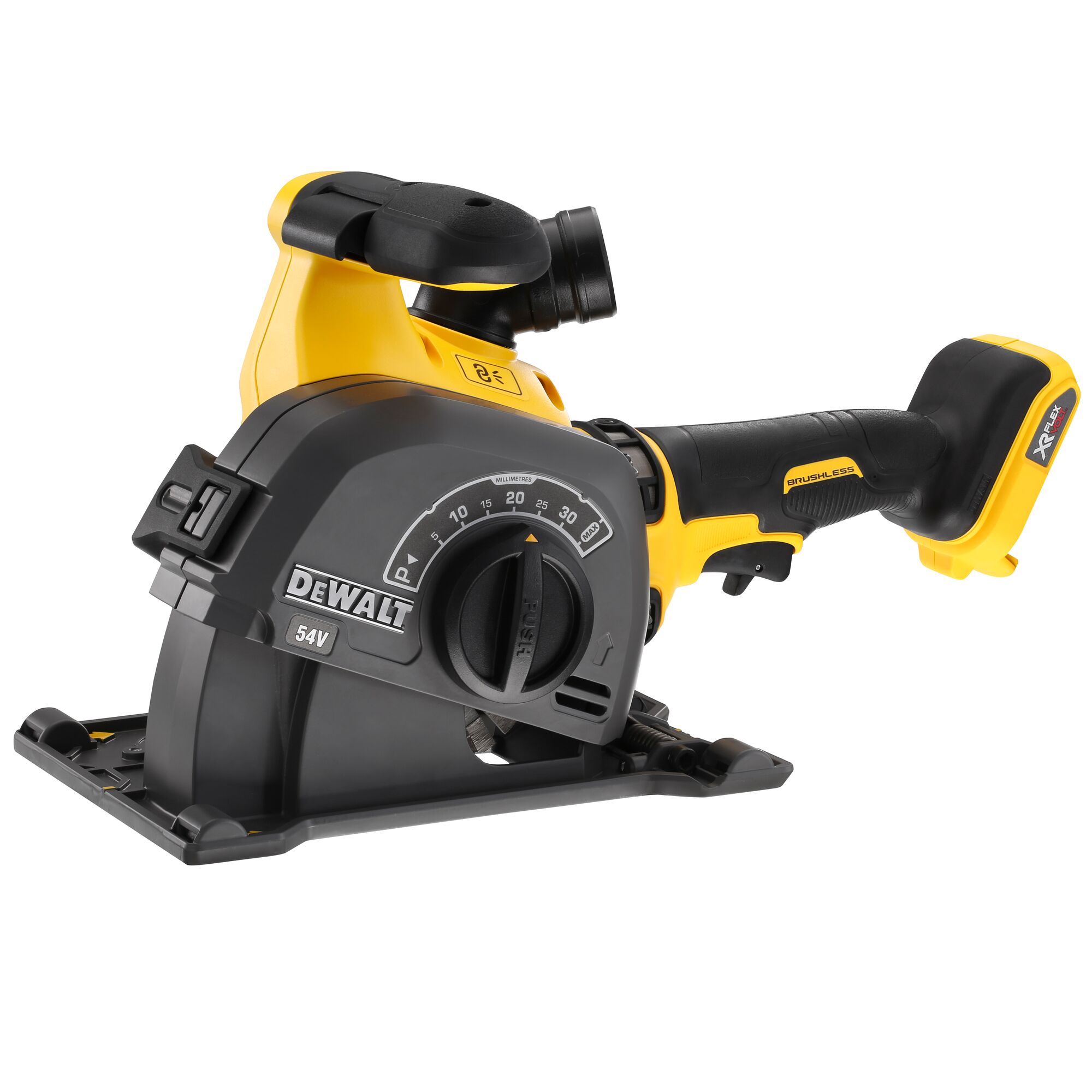 DEWALT DCG200N cordless brushless edge grinder tool in yellow and black, featuring adjustment dial and base.