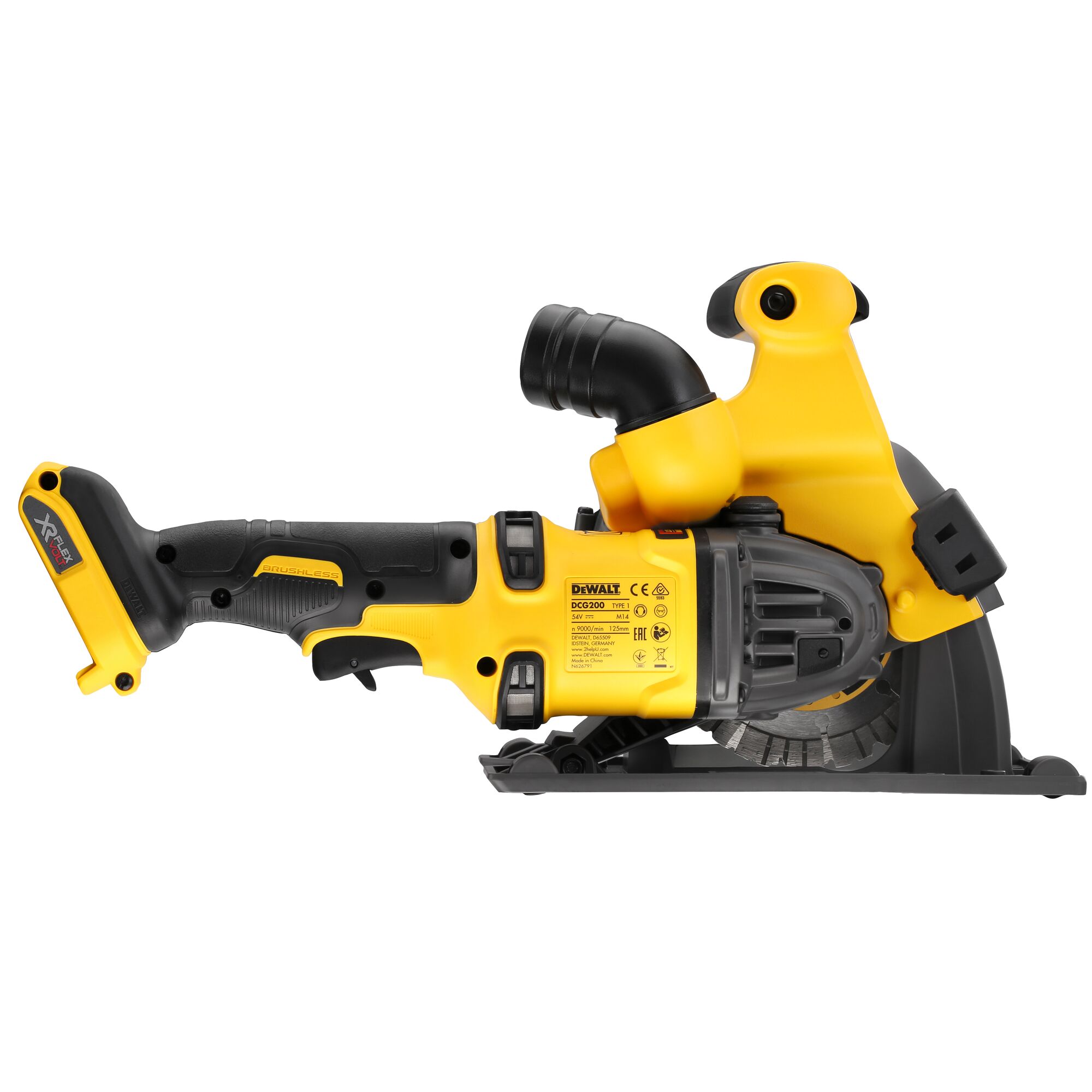 Yellow and black DEWALT cordless tool DCG200N with grip and blade for cutting tasks.