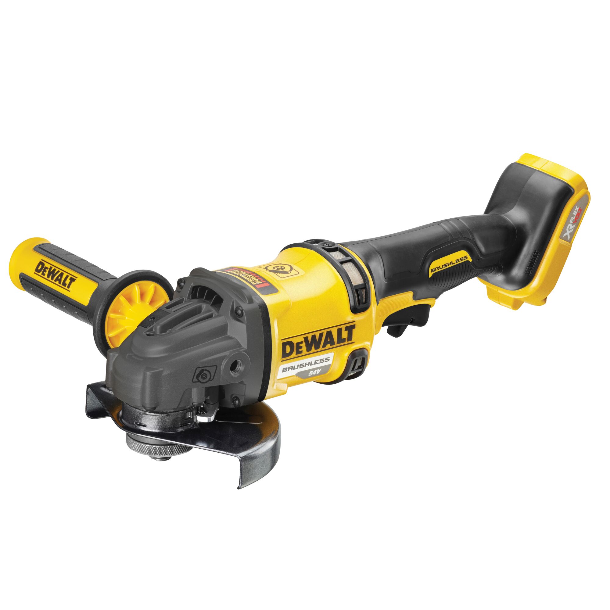 DEWALT DCG418NT cordless brushless angle grinder, yellow and black, side view on white background.