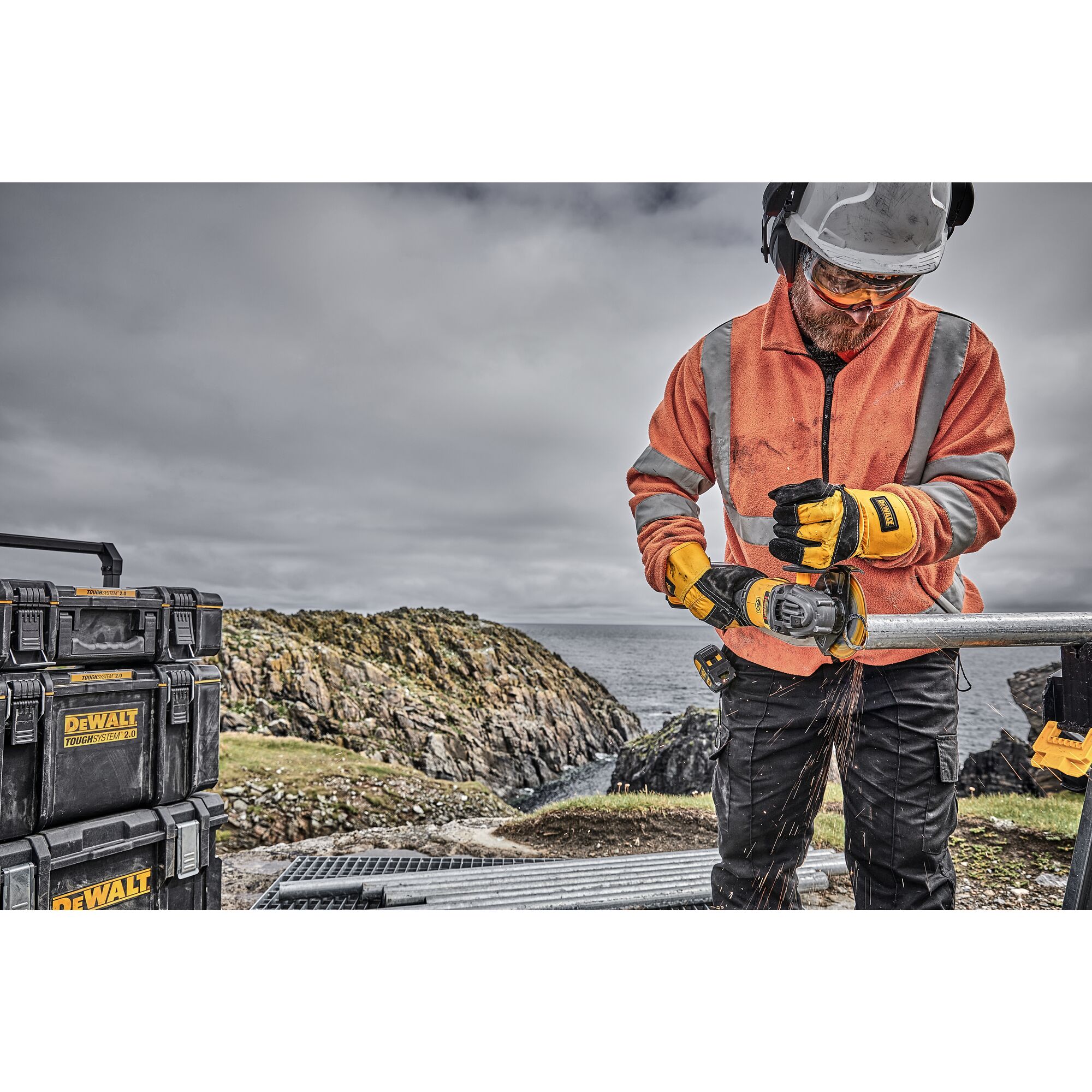 6 INCH CORDLESS GRINDER WITH KICKBACK BRAKE being used by a workman on a snowy work site