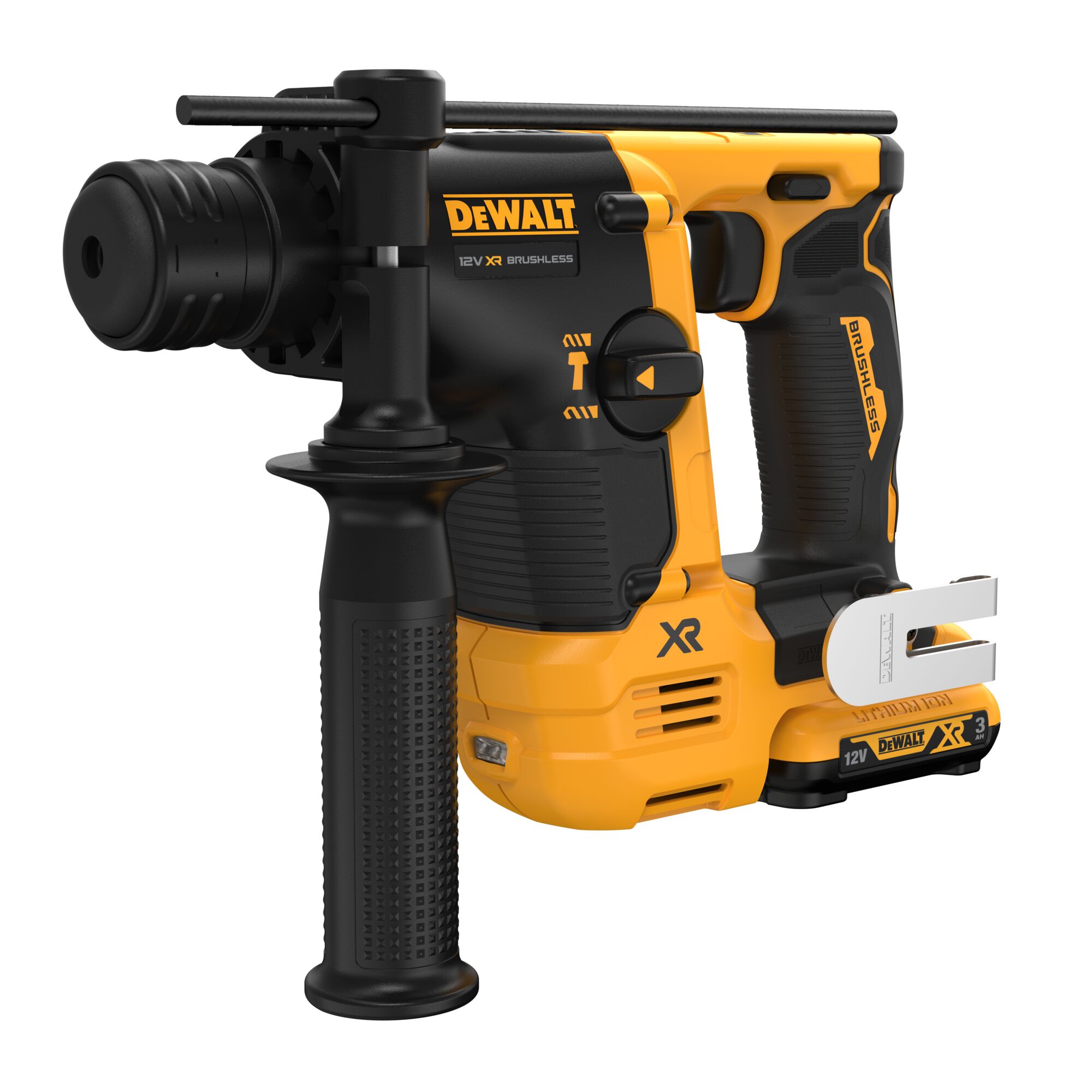 A DEWALT 12V XR cordless rotary hammer drill, featuring a brushless motor, black and yellow body, side handle for grip, and a belt clip attached near the battery compartment.