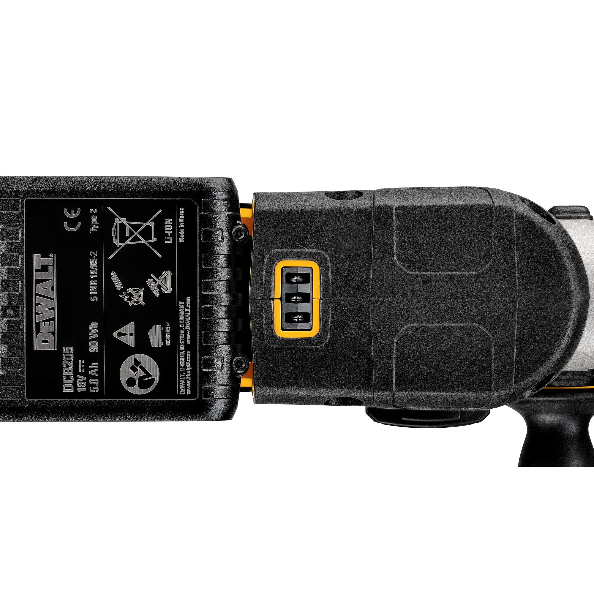 Close Up of brushless, cordless SDS PLUS L-shape rotary hammer