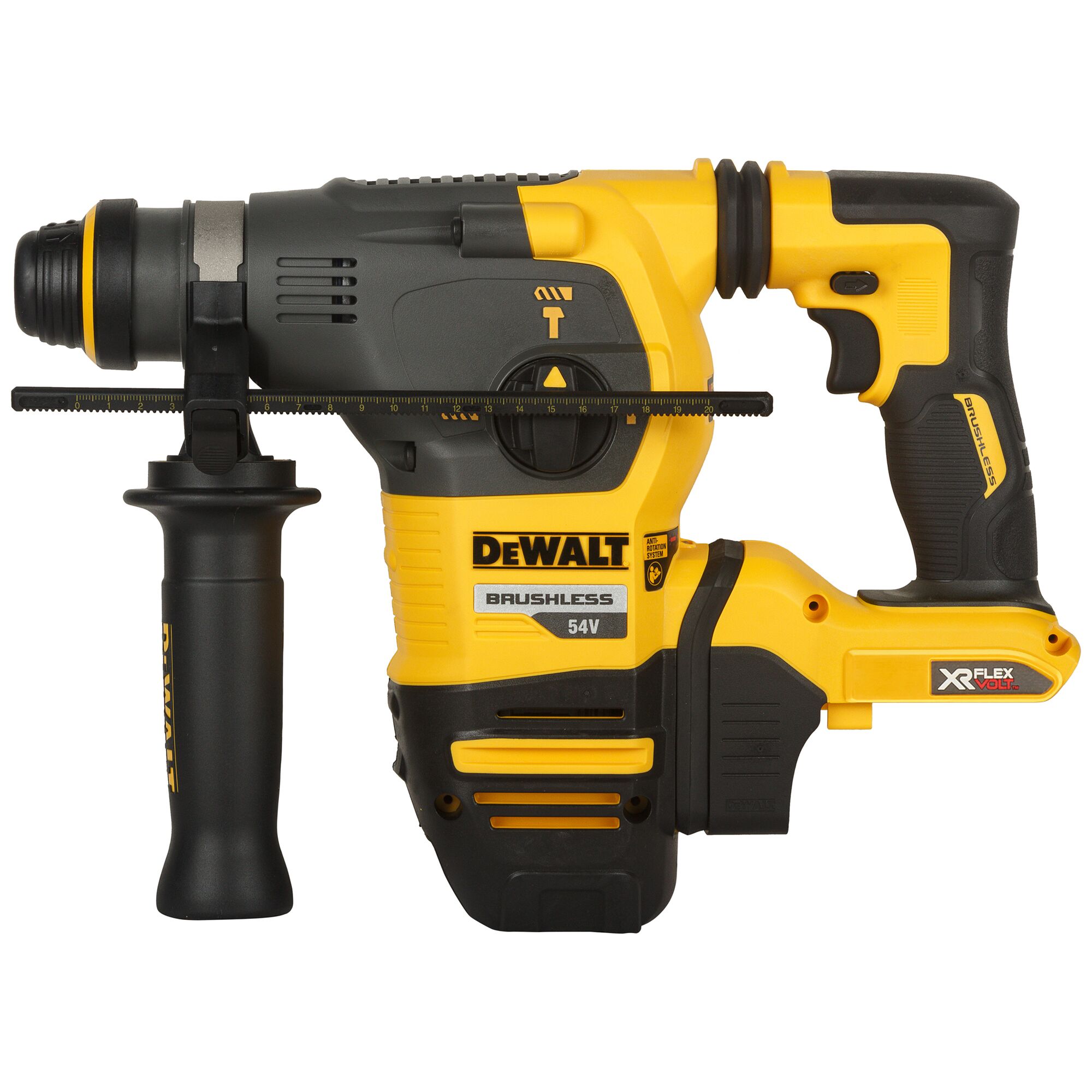A DEWALT DCH333NT cordless rotary hammer drill in yellow and black, featuring a brushless 54V motor and XR FlexVolt technology. The drill has a side handle for stability and adjustment, and is designed for heavy-duty construction work.