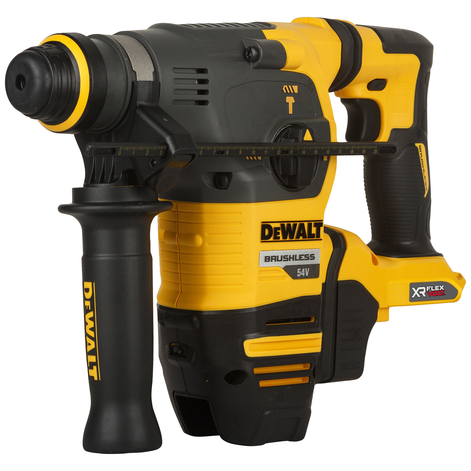 A DEWALT DCH333NT brushless rotary hammer drill with a 54V XR FLEXVOLT system, featuring a yellow and black design, side handle, and adjustment knob, suitable for heavy-duty construction work.