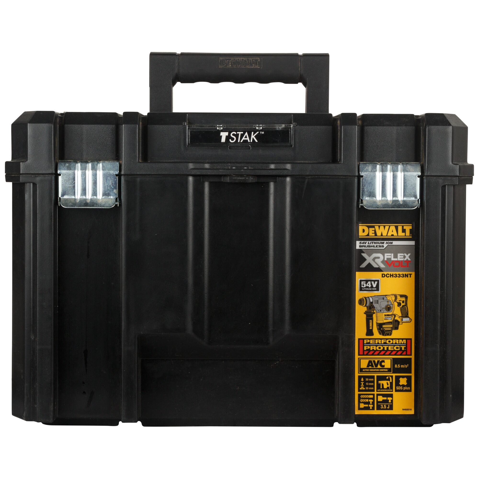 A black DEWALT T STAK tool storage case with a handle, metal latches, and a yellow label on the right side showing information for the XR FLEXVOLT DCH333NT rotary hammer.
