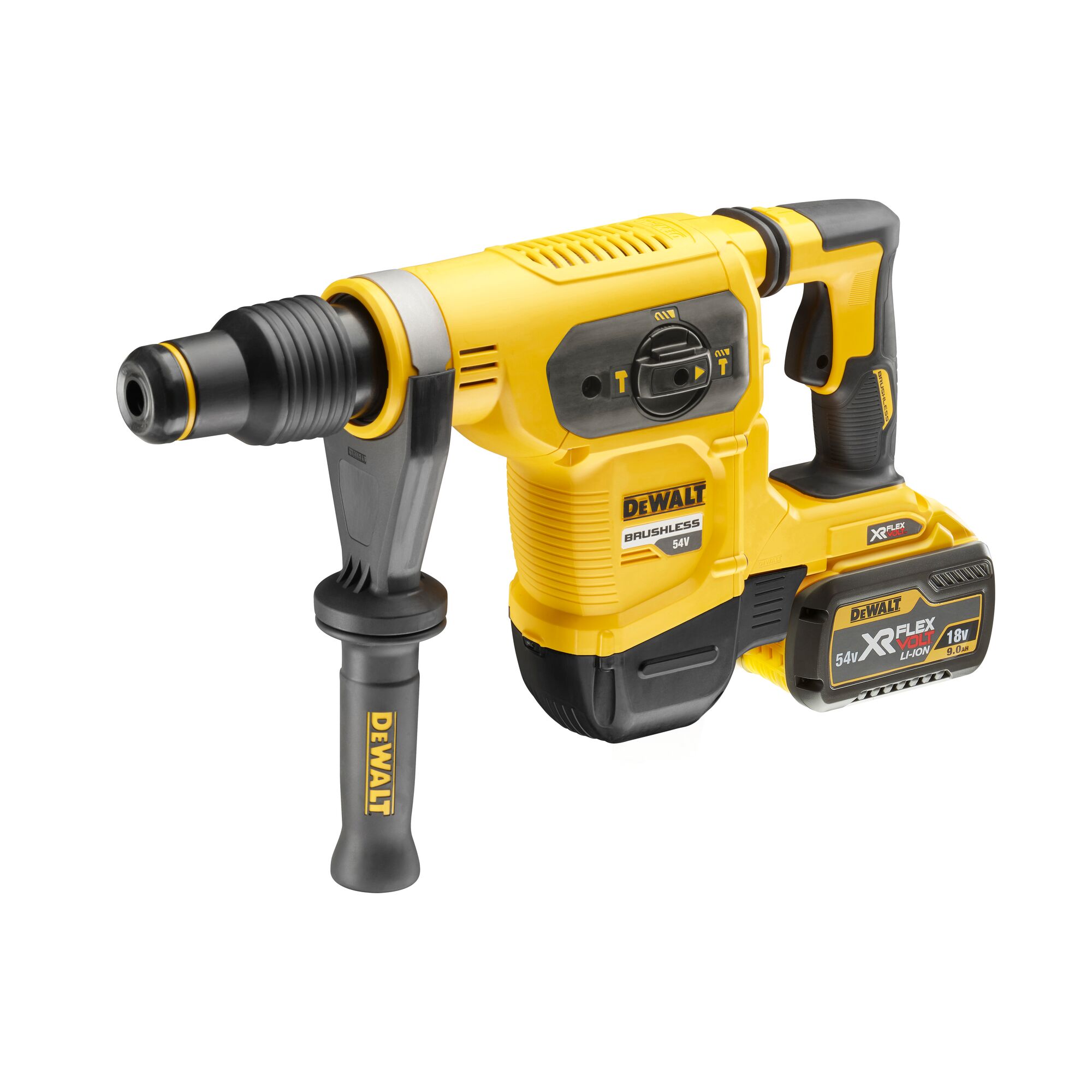 A DEWALT cordless rotary hammer drill with a yellow and black design, featuring a side handle for extra grip, brushless motor, and an XR FLEXVOLT 54V/18V Li-Ion battery installed.
