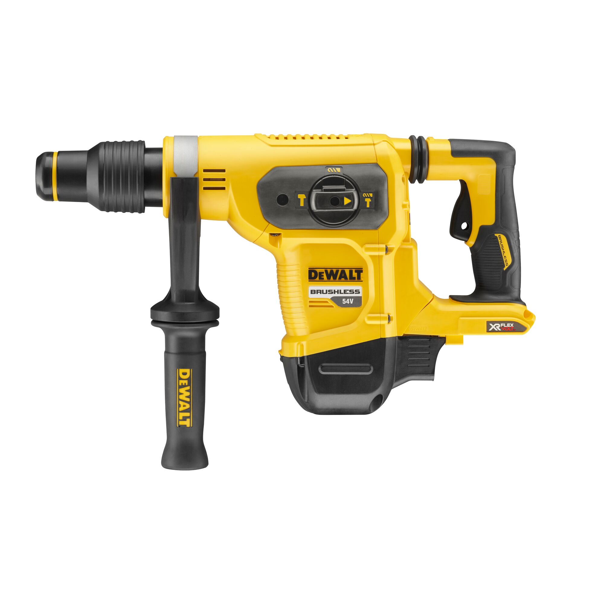 A DEWALT yellow and black cordless rotary hammer drill, model DCH481N, with a side handle, brushless motor, and 54V XR FLEXVOLT branding.
