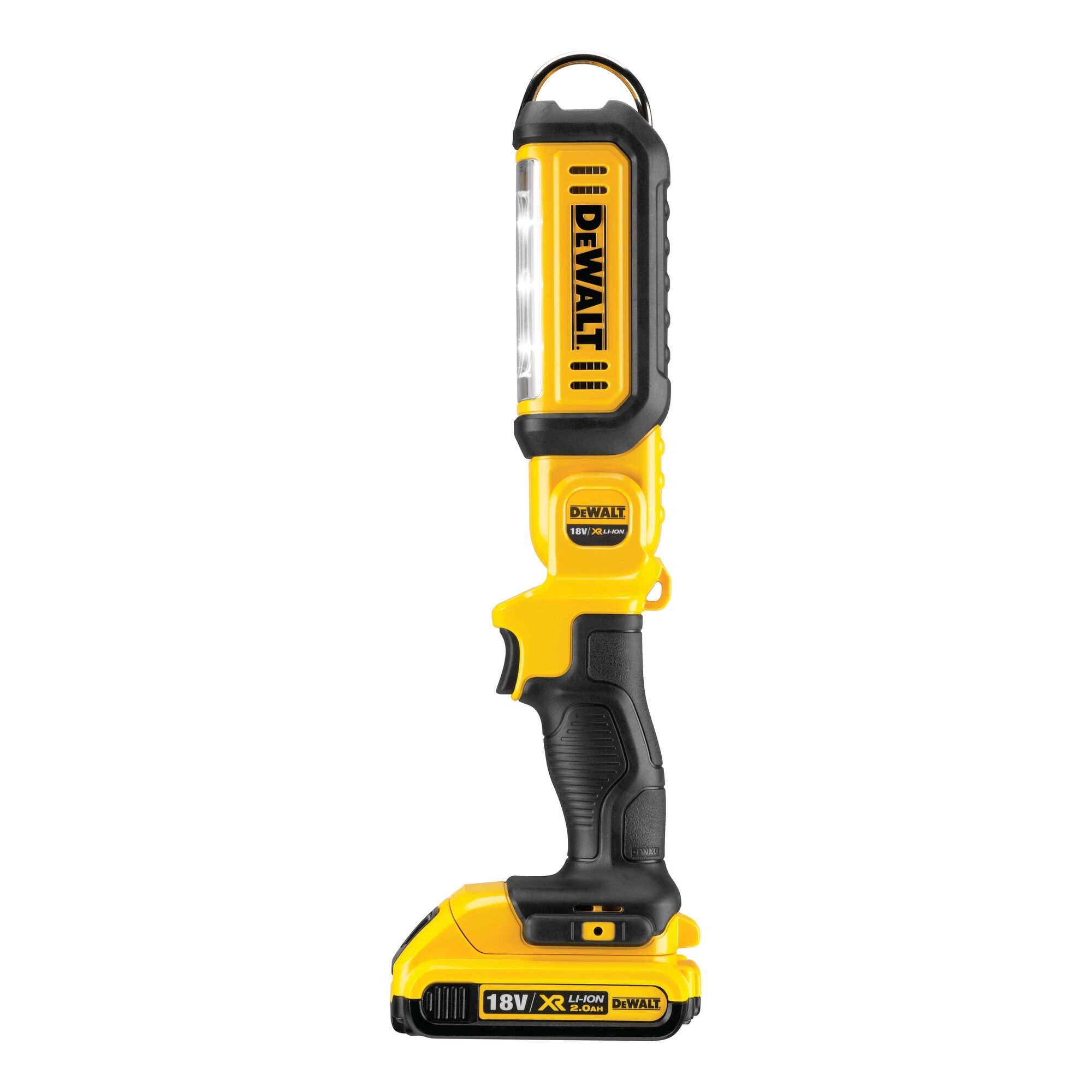 DEWALT DCL050 cordless LED work light with black and yellow design and 18V lithium-ion battery.
