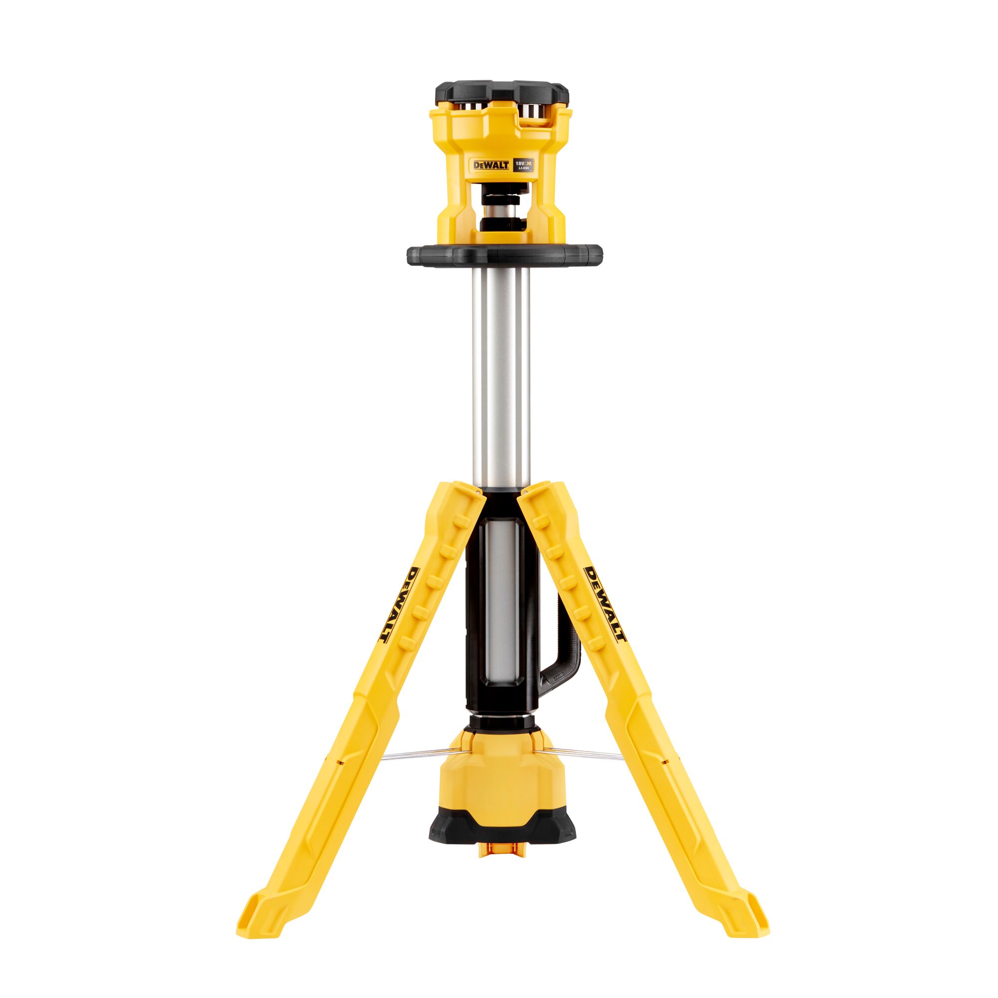 DEWALT DCL079 yellow LED tripod work light with adjustable height, shown standing upright.