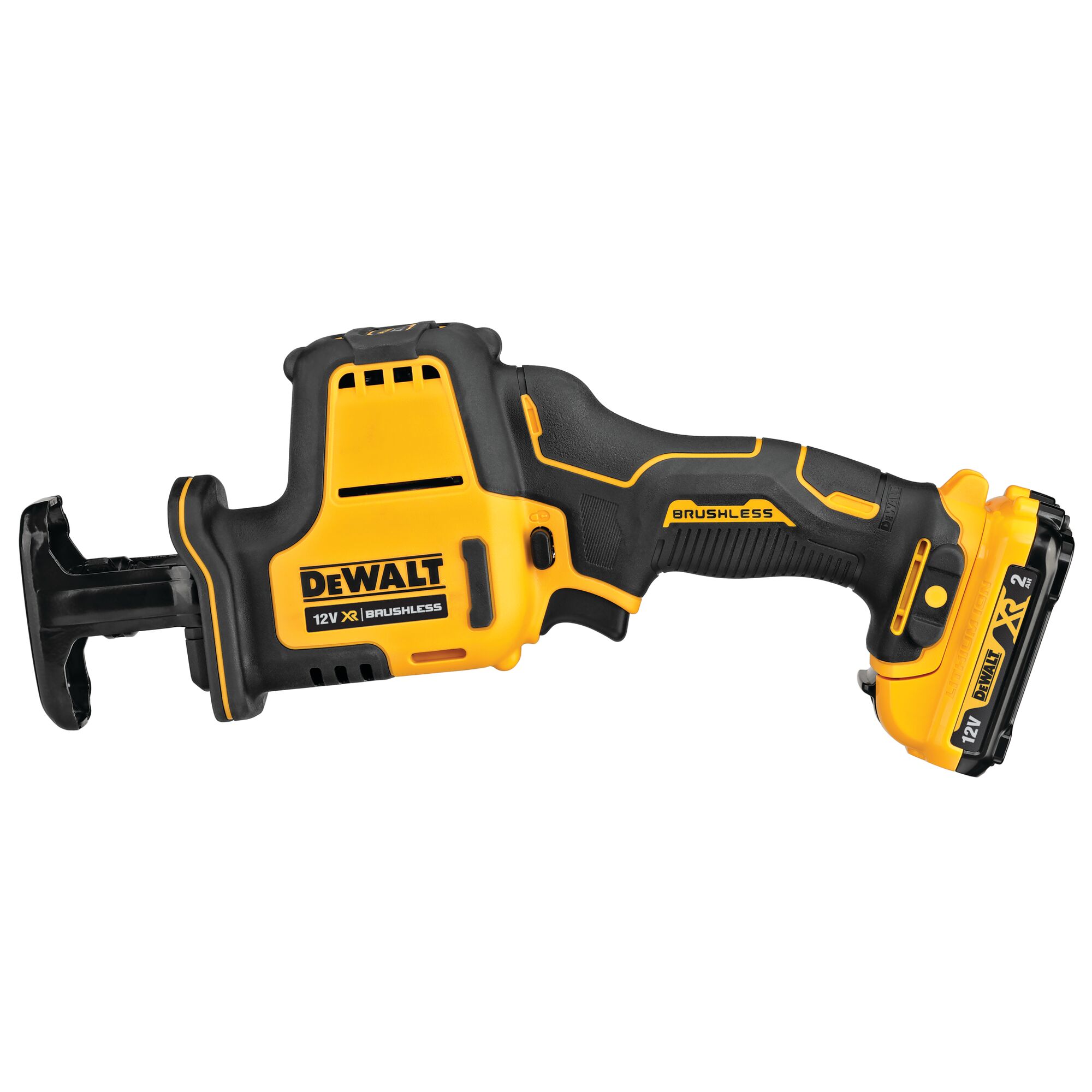 DEWALT 12V XR cordless brushless reciprocating saw with yellow and black design, side view.
