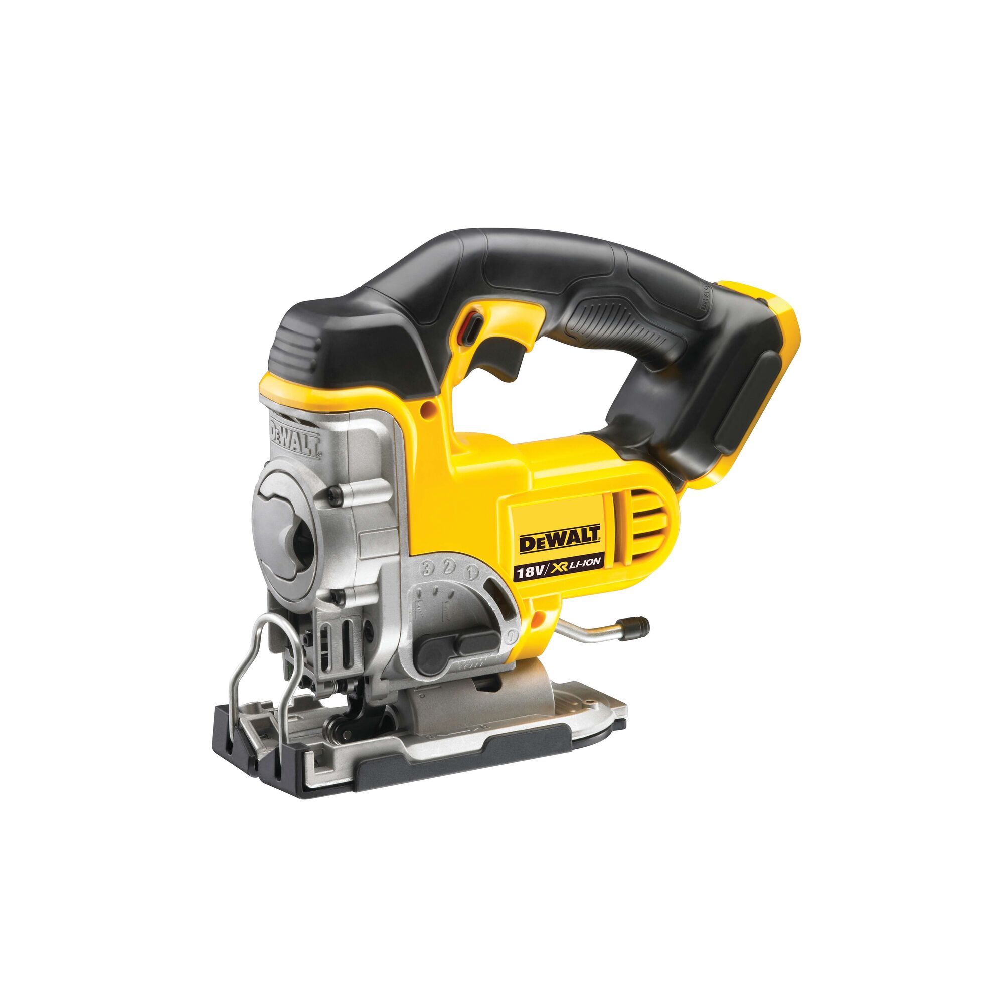 DEWALT DCS331N 18V cordless jigsaw with black grip and yellow body, shown on white background.