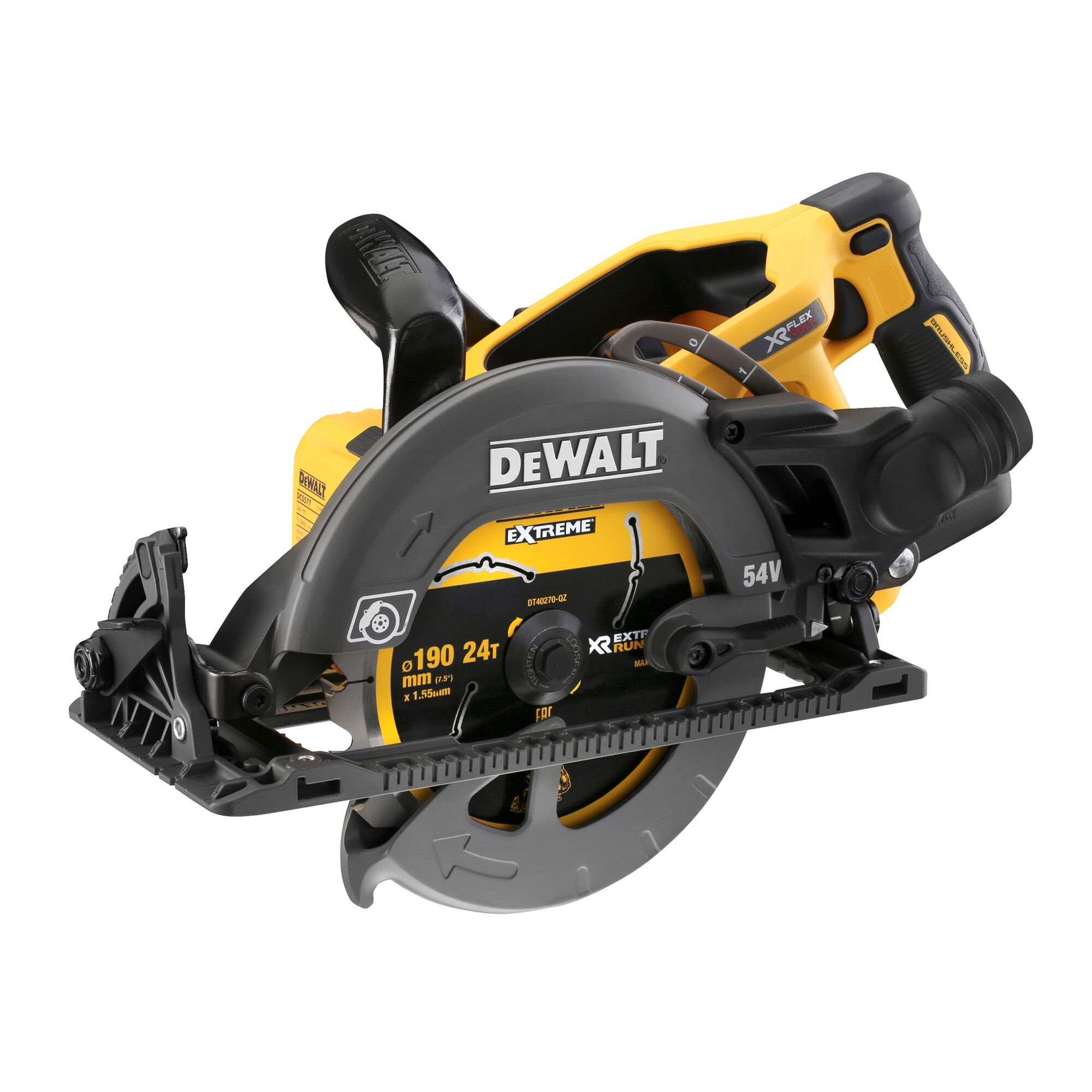 A close-up image of a DEWALT DCS577N 54V cordless circular saw, featuring a yellow and black body, blade guard, and handle with visible branding and specification labels.