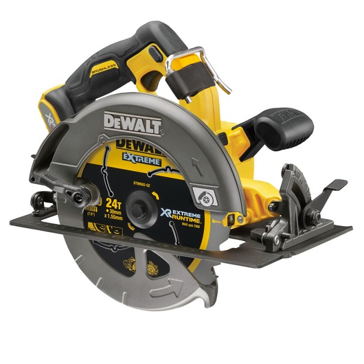 3/4 view of 54V XR FLEXVOLT Circular Saw with XR Extreme Runtime blade DT99562